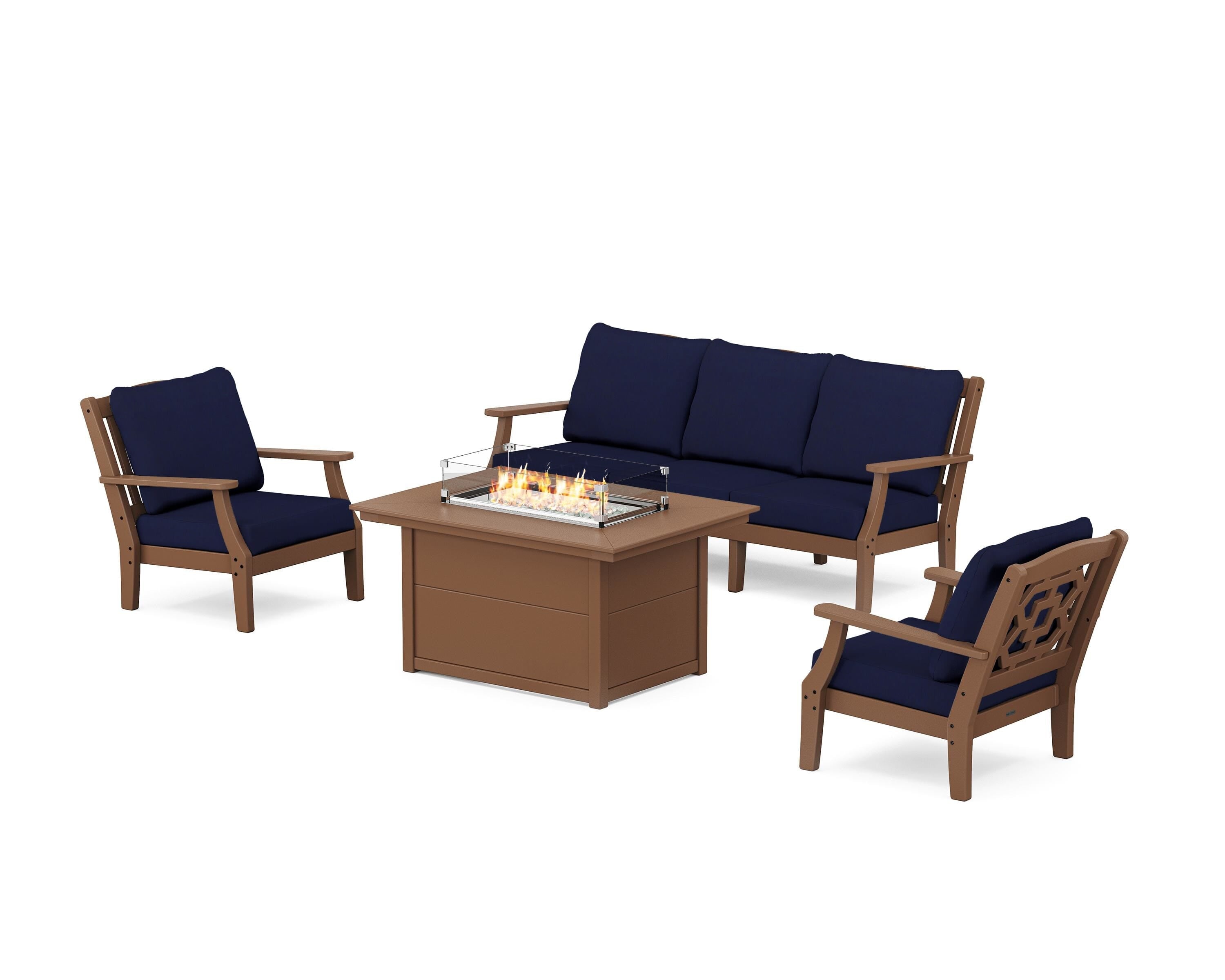 Martha Stewart by POLYWOOD® Chinoiserie Deep Seating Fire Pit Table Set in Teak / Navy