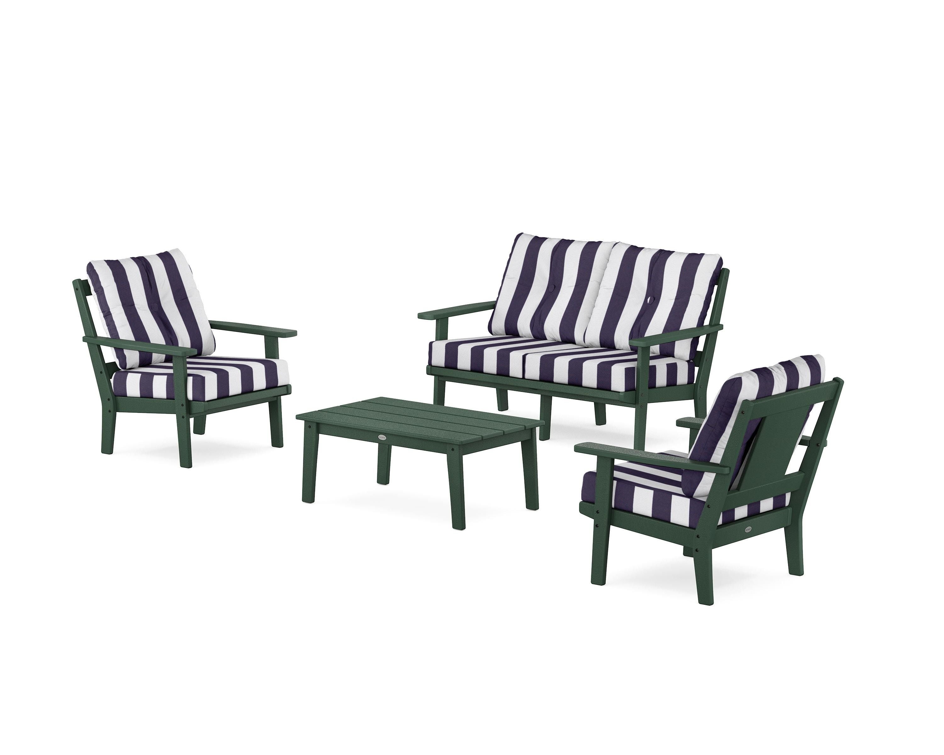 POLYWOOD® Prairie 4-Piece Deep Seating Set with Loveseat in Green / Cabana Stripe Navy