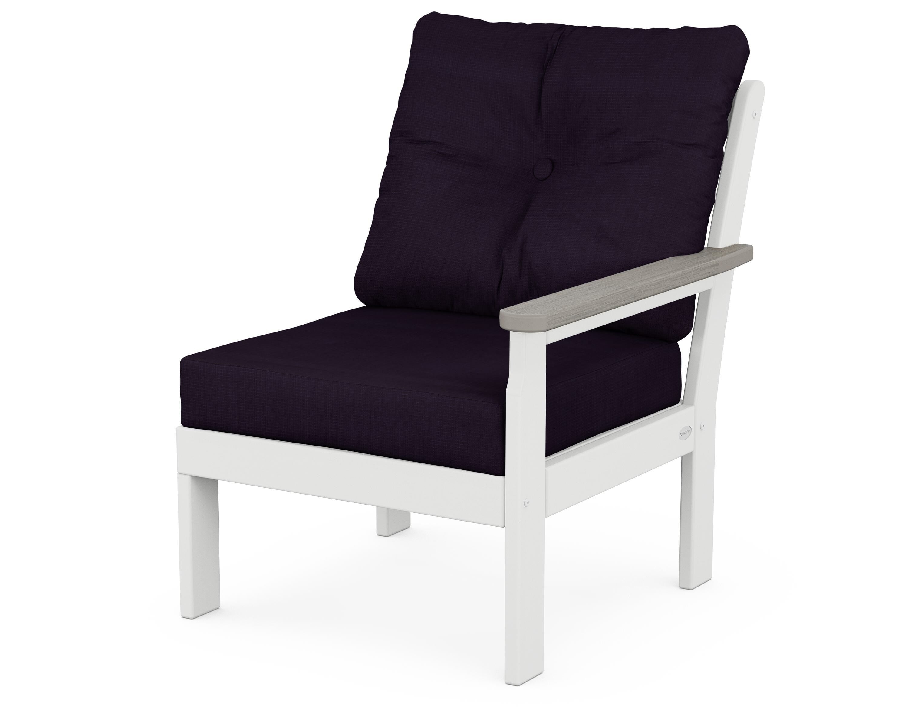 POLYWOOD® Vineyard Modular Right Arm Chair in White / Driftwood / Navy Linen