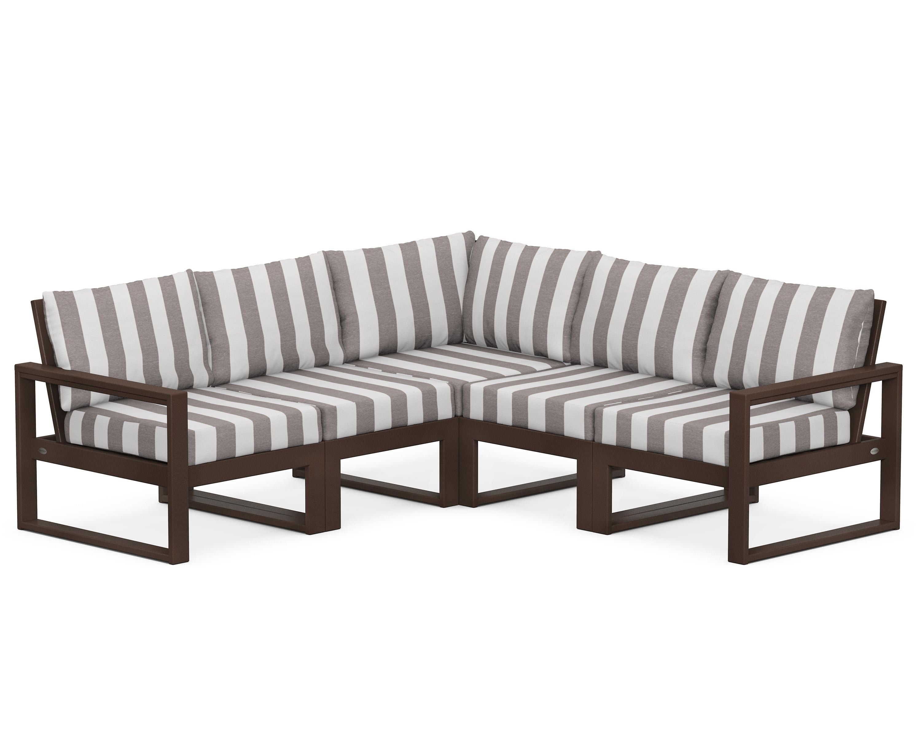POLYWOOD® EDGE 5-Piece Modular Deep Seating Set in Mahogany / Cabana Stripe Grey Mist