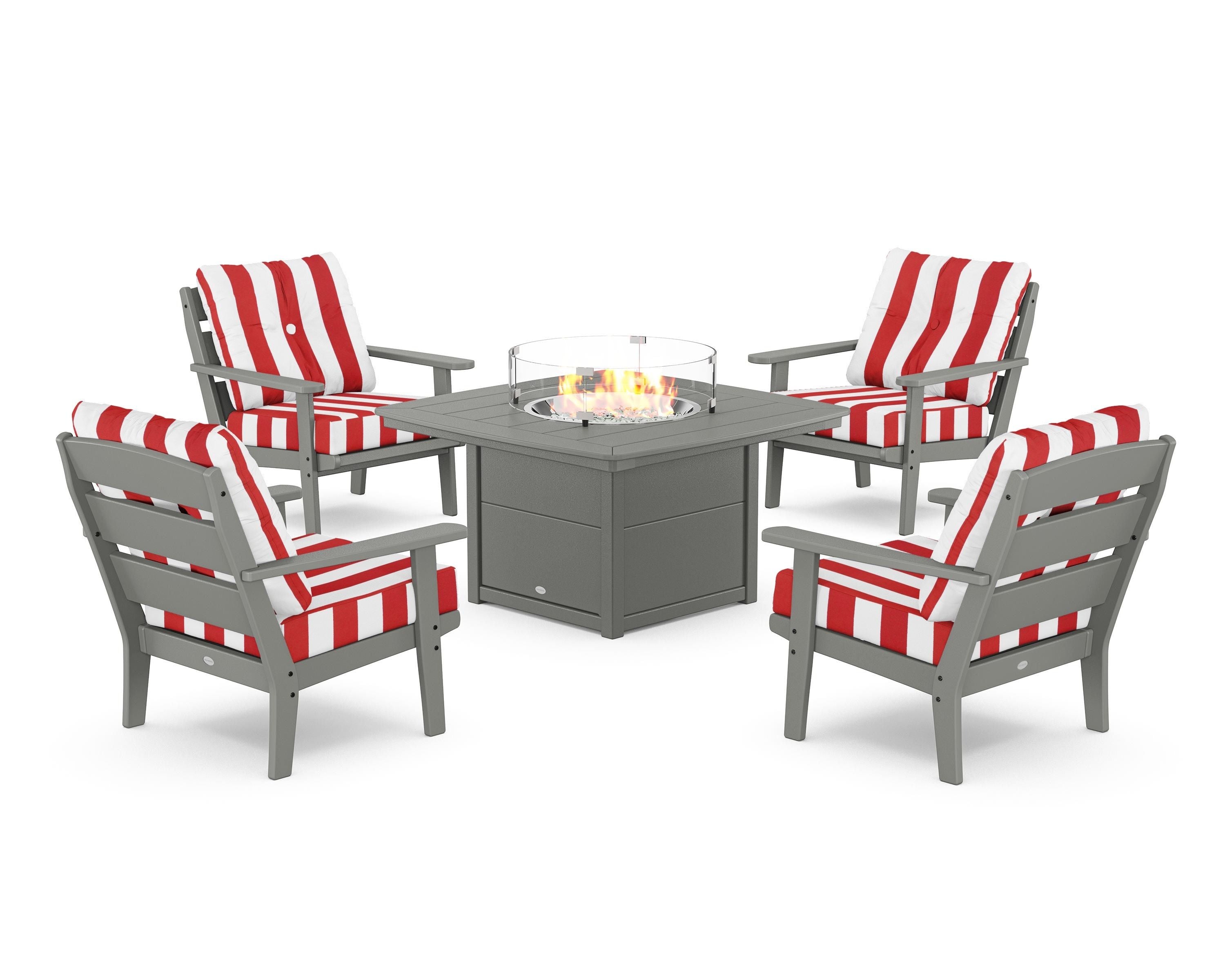 POLYWOOD® Lakeside 5-Piece Deep Seating Set with Nautical Fire Pit Table in Slate Grey / Cabana Stripe Crimson