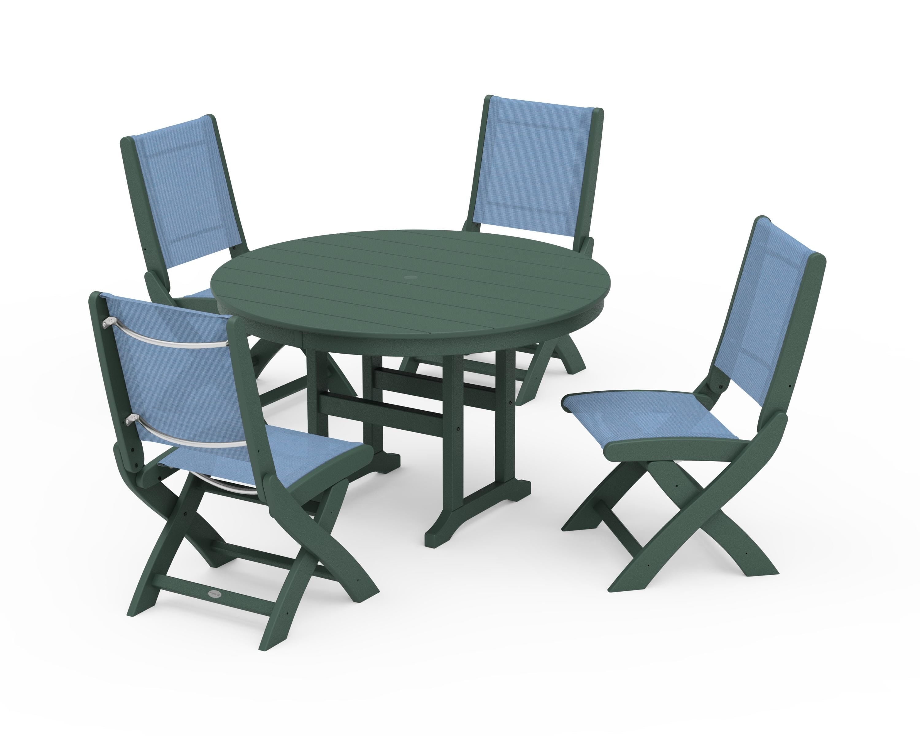 POLYWOOD® Coastal Folding Side Chair 5-Piece Round Dining Set in Green / Poolside Sling