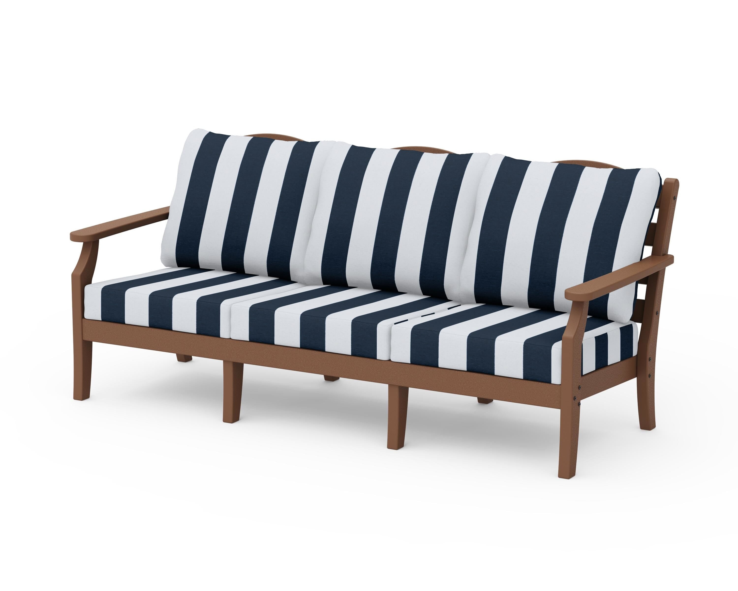Draper James™ by POLYWOOD® Savannah Deep Seating Sofa in Teak / Cabana Stripe Marine Indigo