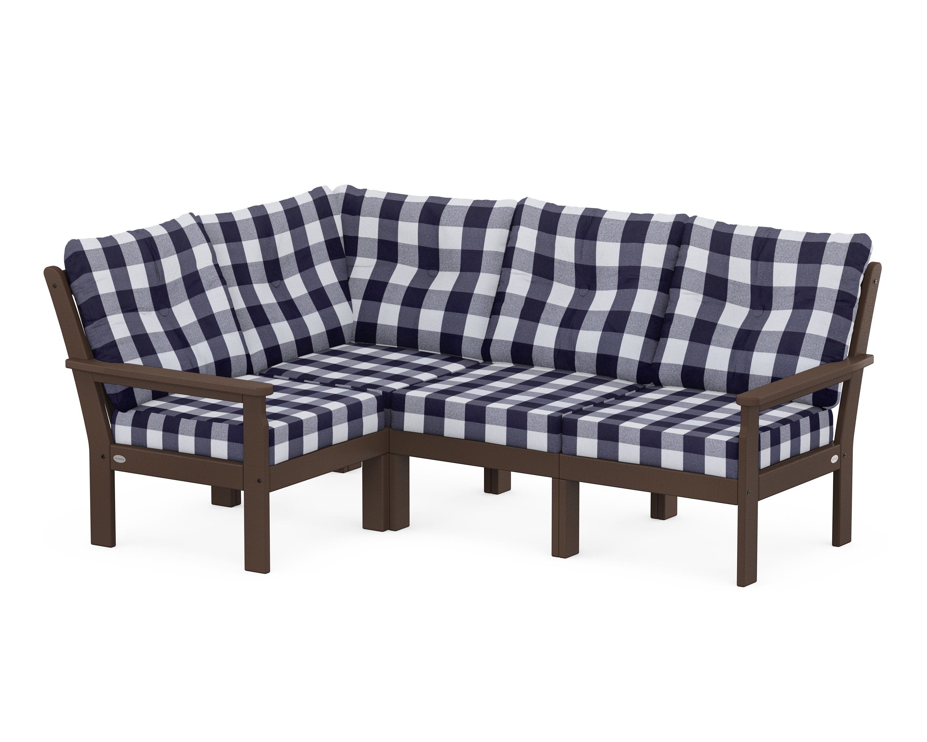 POLYWOOD® Vineyard 4-Piece Sectional in Mahogany / Buffalo Plaid Navy