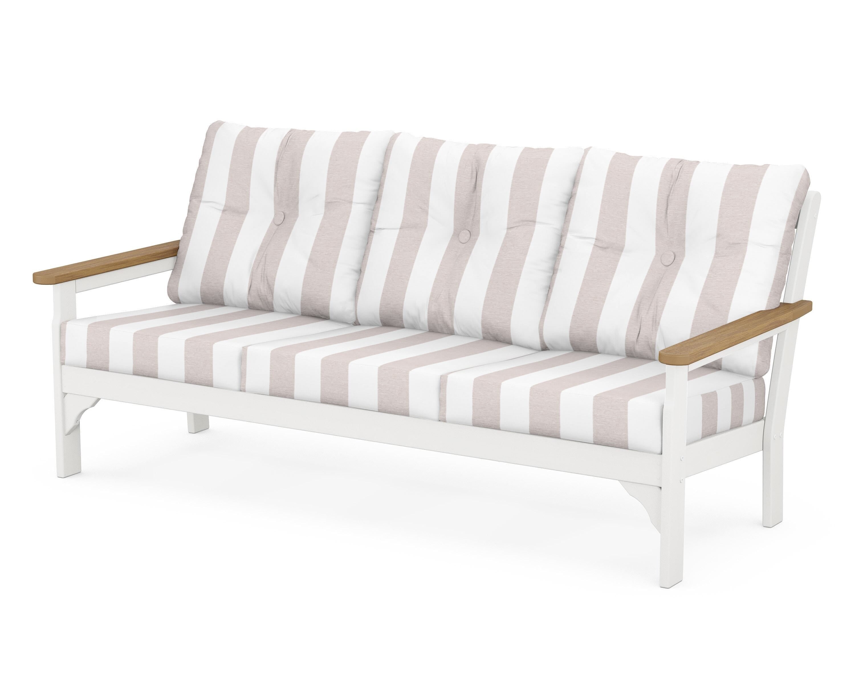 POLYWOOD® Vineyard Deep Seating Sofa in White / Natural / Cabana Stripe Dune Burlap