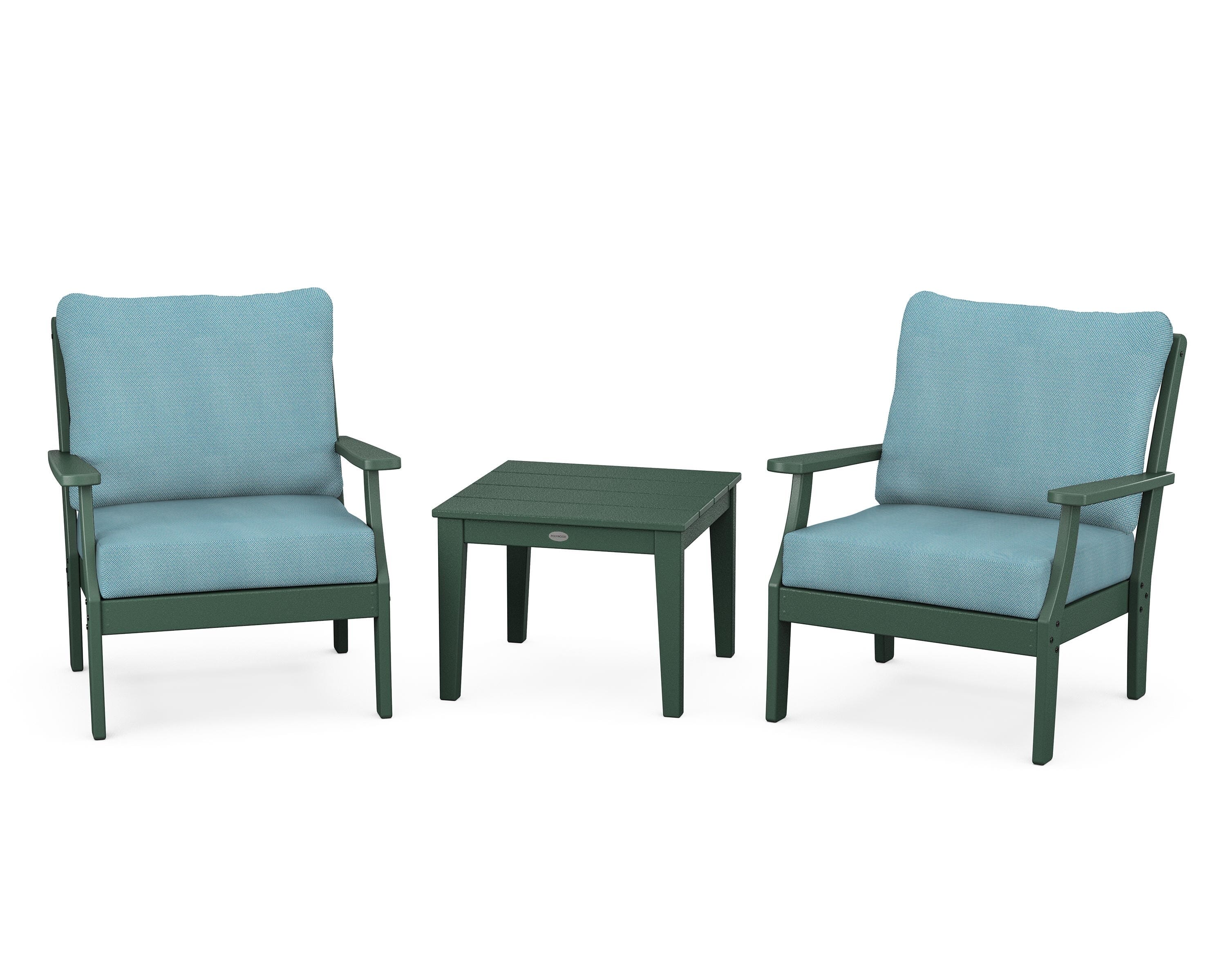 POLYWOOD® Braxton 3-Piece Deep Seating Set in Green / Lattice Sky Blue