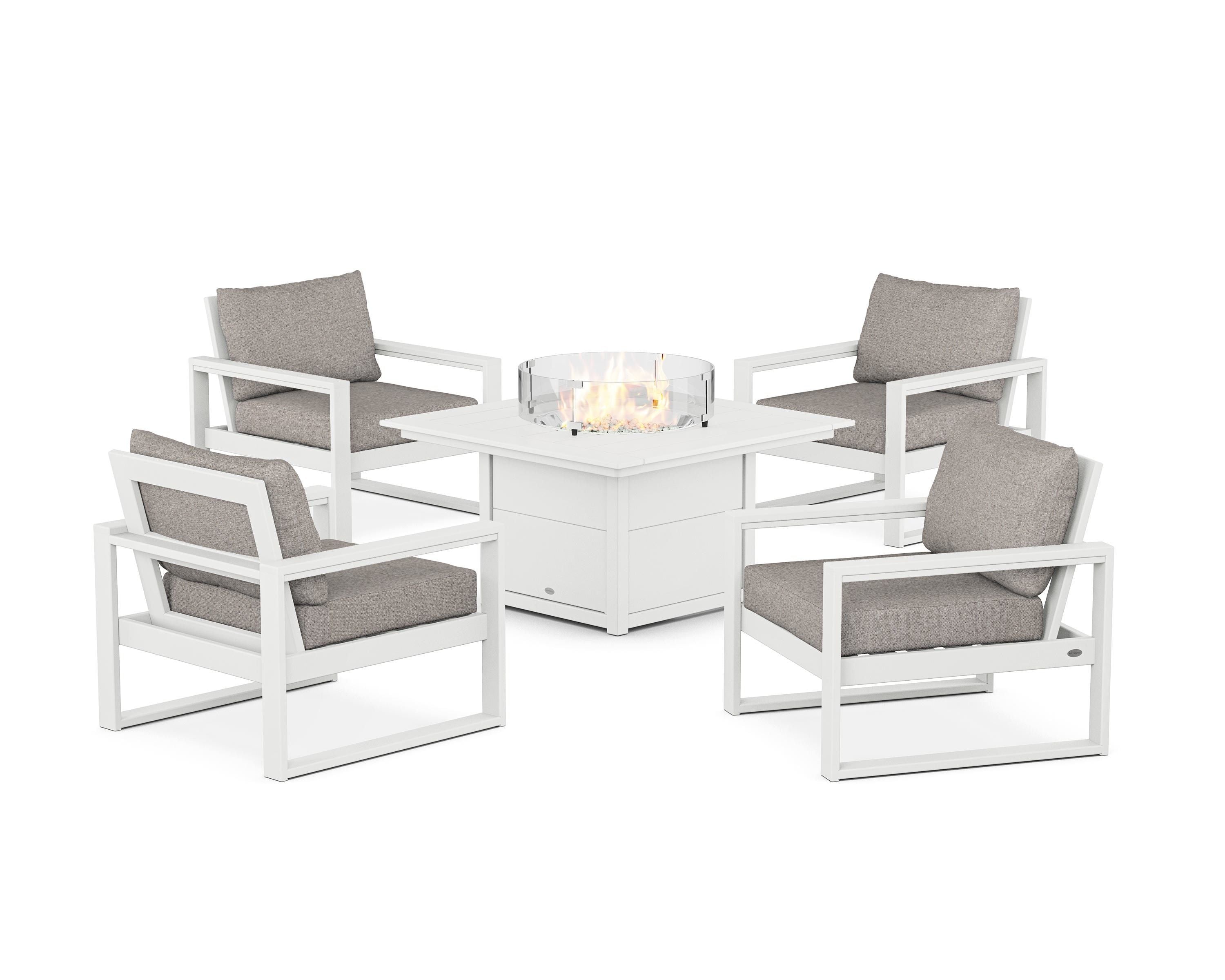 POLYWOOD® EDGE Sectional 5-Piece Deep Seating Set with Fire Pit Table in White / Weathered Tweed