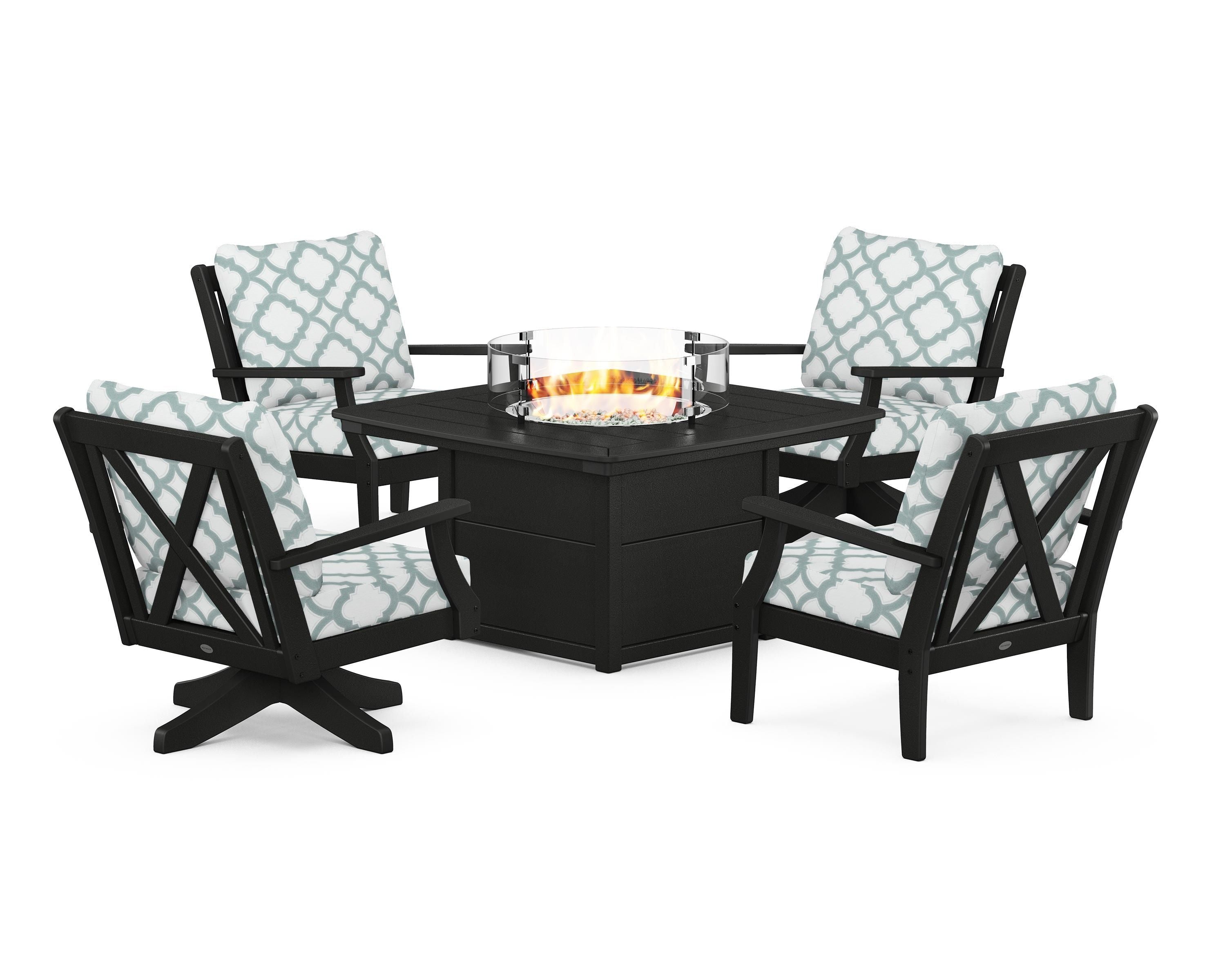 POLYWOOD® Braxton 5-Piece Deep Seating Set with Fire Table in Black / Trellis Glacier Spa