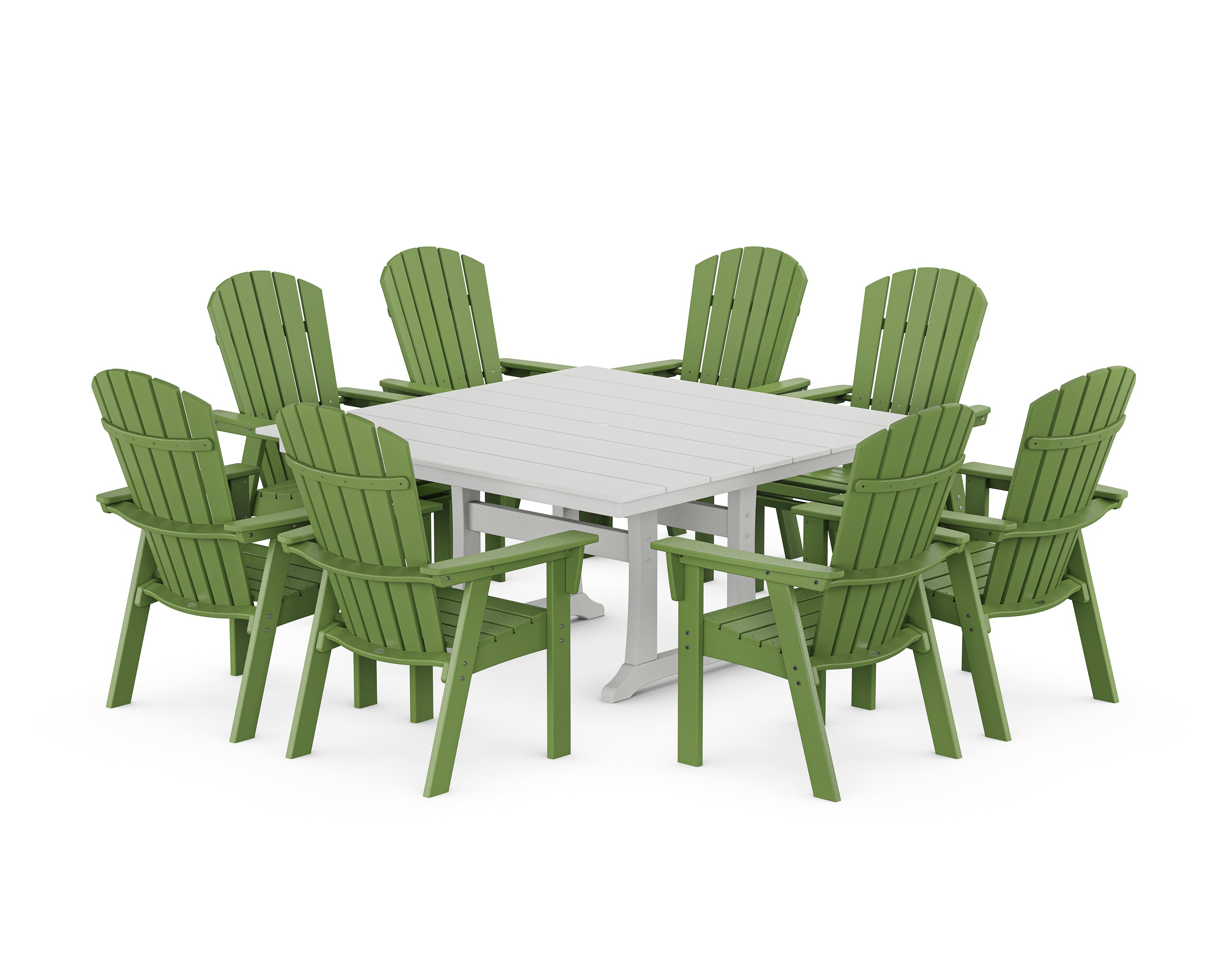 POLYWOOD® Nautical Curveback Adirondack 9-Piece Square Dining Set with Trestle Legs in Lime / White