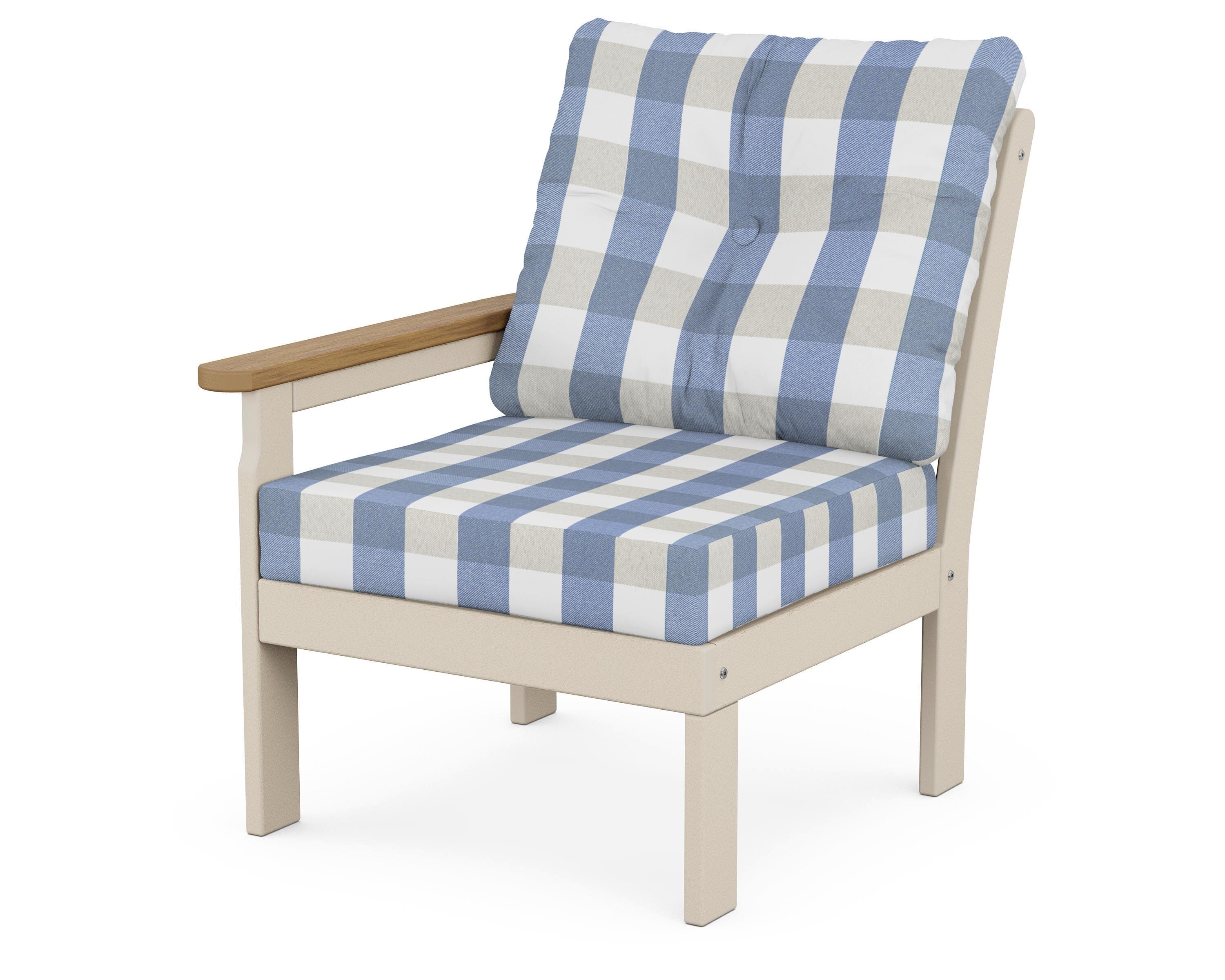 POLYWOOD® Vineyard Modular Left Arm Chair in Sand / Natural / Buffalo Plaid Sky Blue
