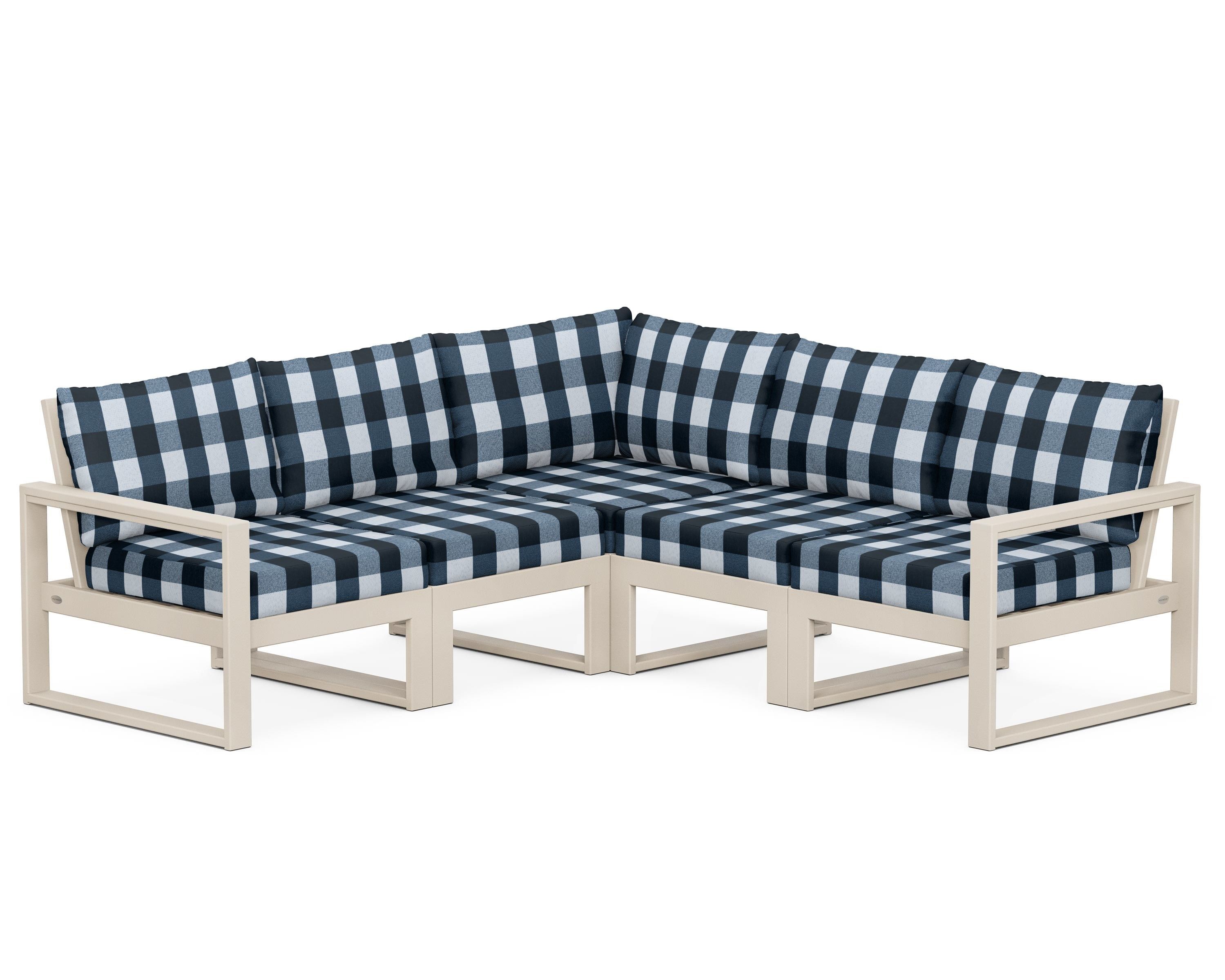 POLYWOOD® EDGE 5-Piece Modular Deep Seating Set in Sand / Buffalo Plaid Marine Indigo