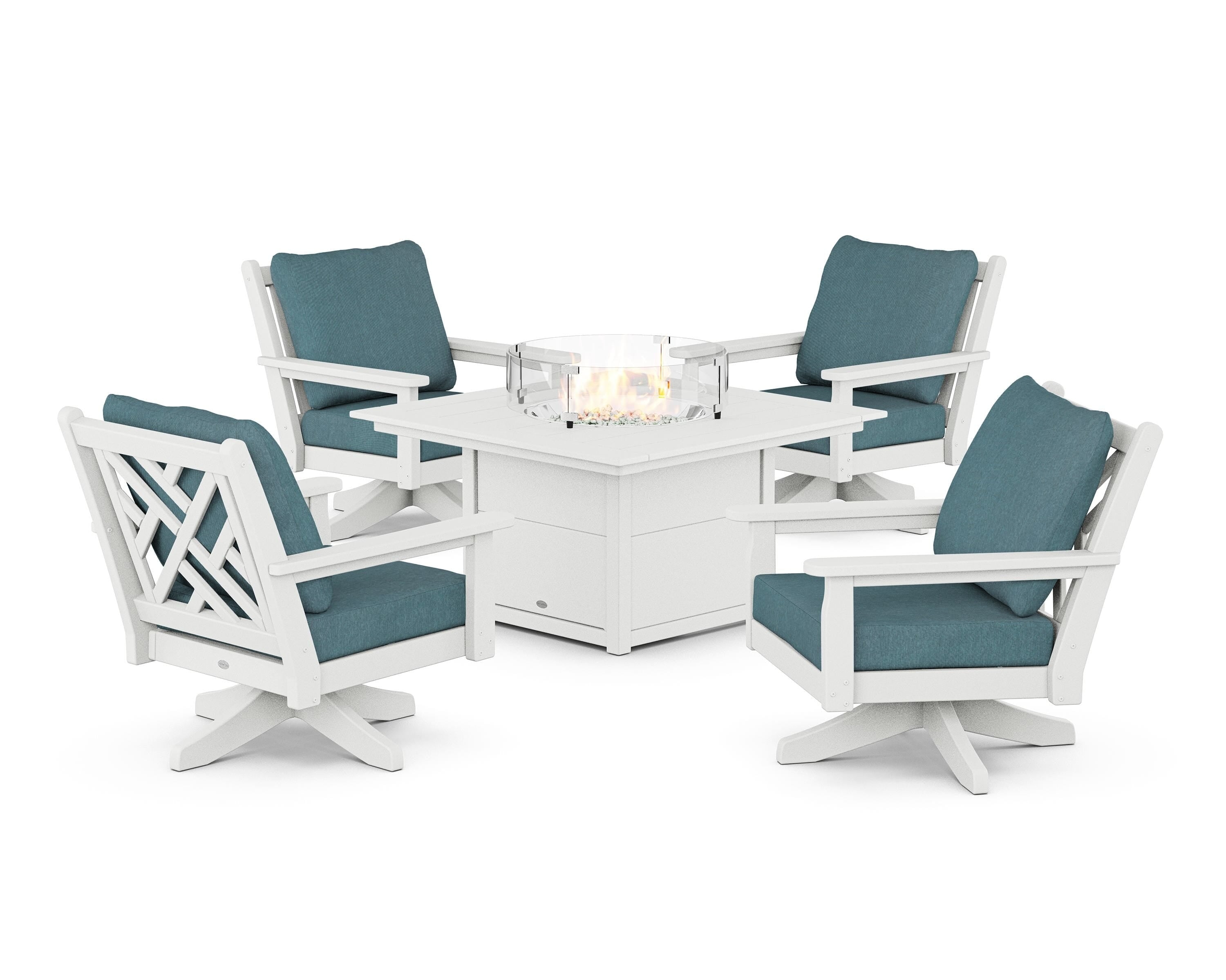 POLYWOOD® Chippendale 5-Piece Deep Seating Swivel Conversation Set with Fire Pit Table in White / Ocean Teal