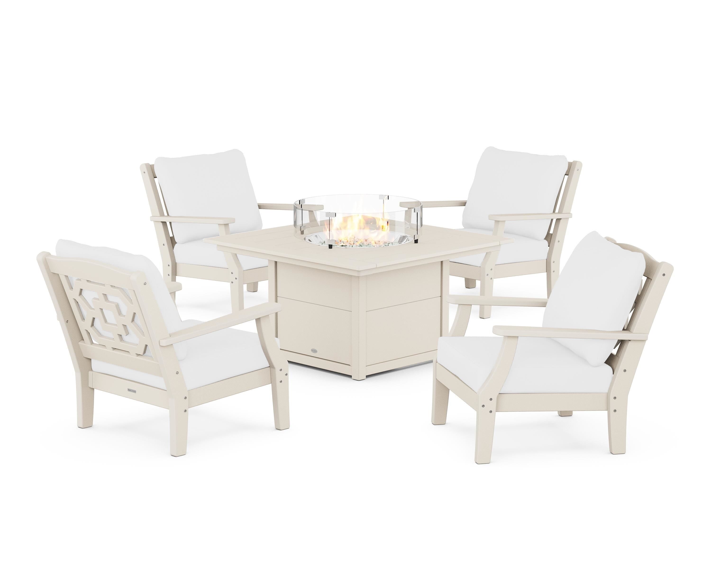 Martha Stewart by POLYWOOD® Chinoiserie 5-Piece Deep Seating Set with Fire Pit Table in Sand / Natural