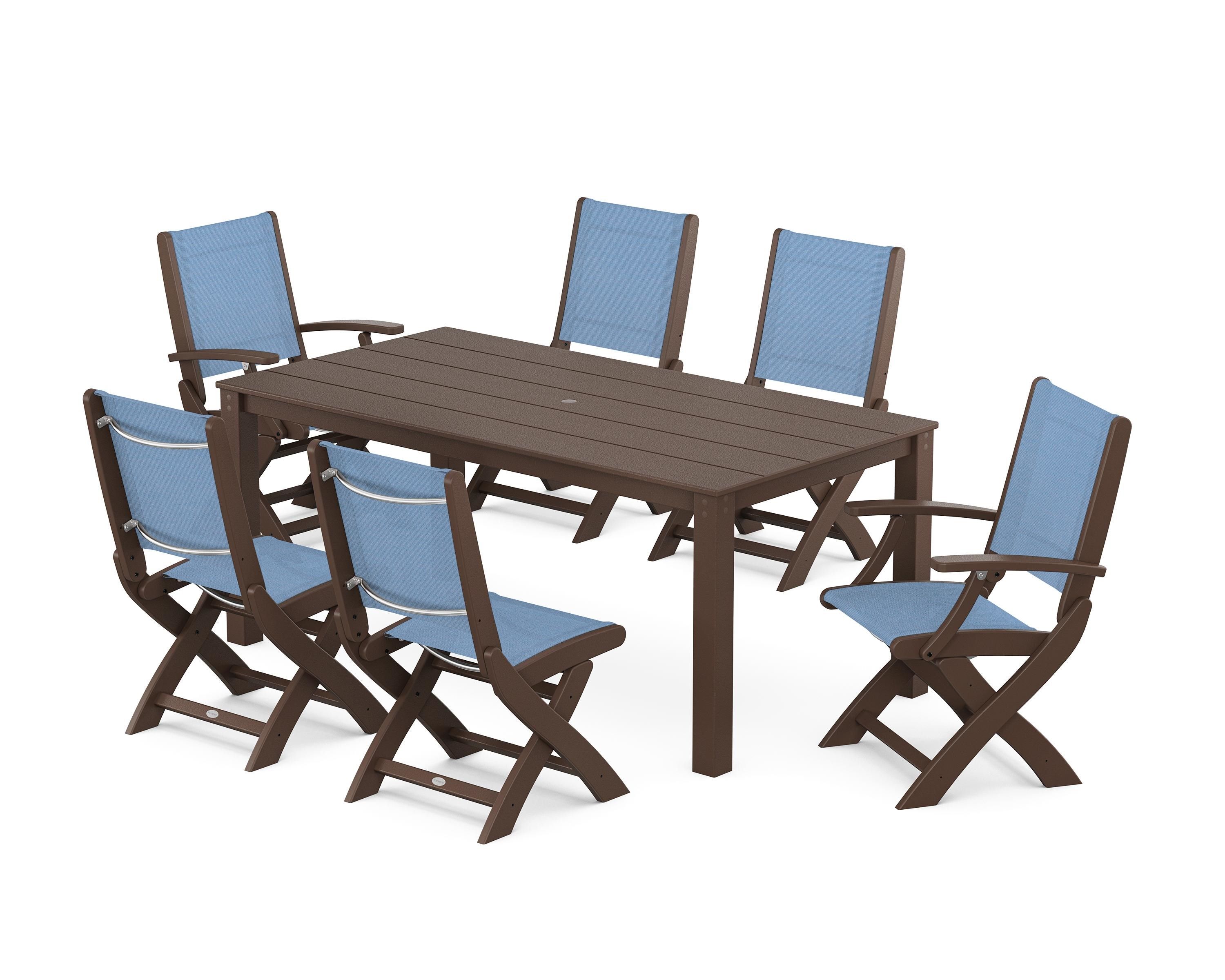 POLYWOOD® Coastal Folding Chair 7-Piece Parsons Dining Set in Mahogany / Poolside Sling