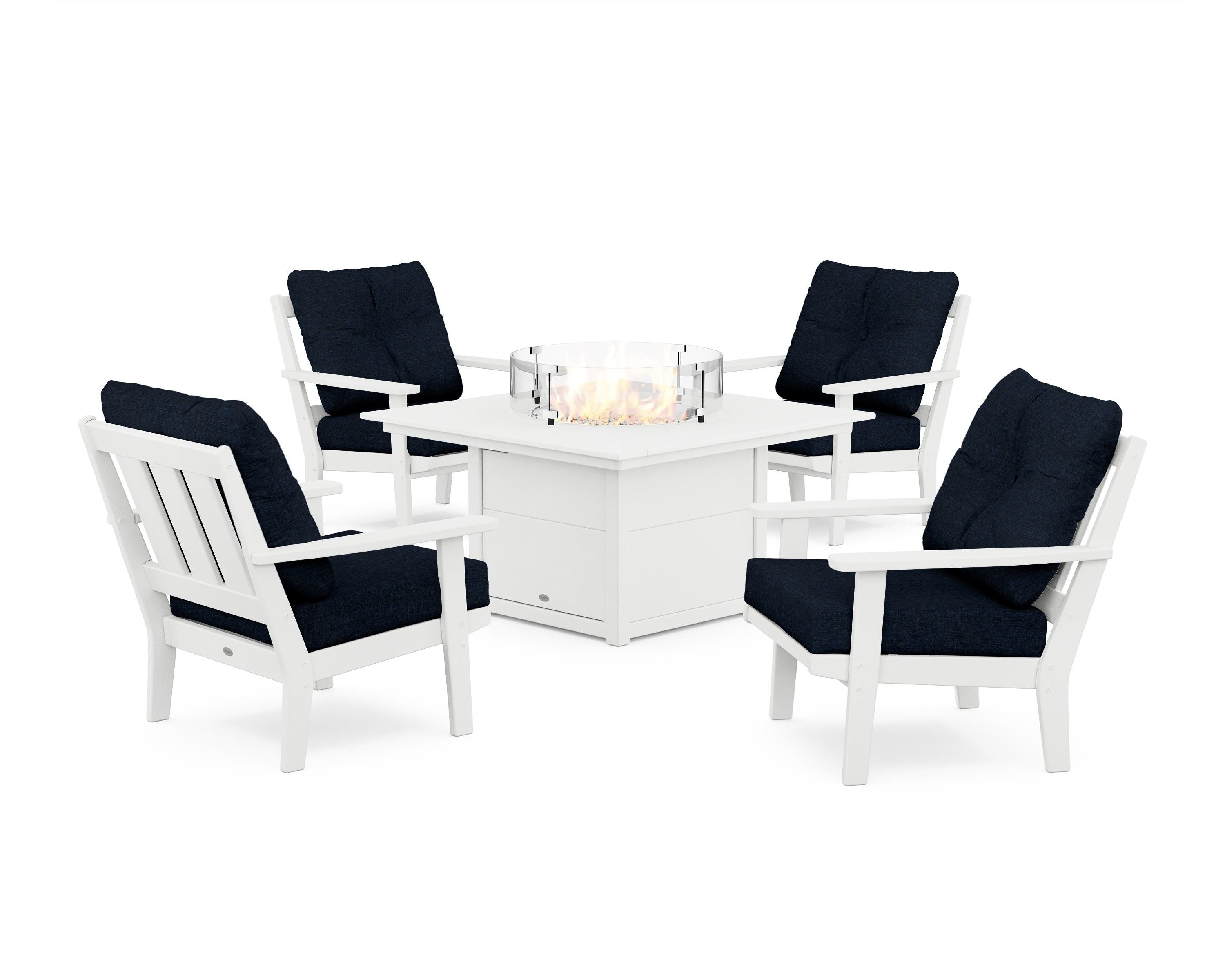 POLYWOOD® Oxford 5-Piece Deep Seating Set with Fire Pit Table in White / Marine Indigo