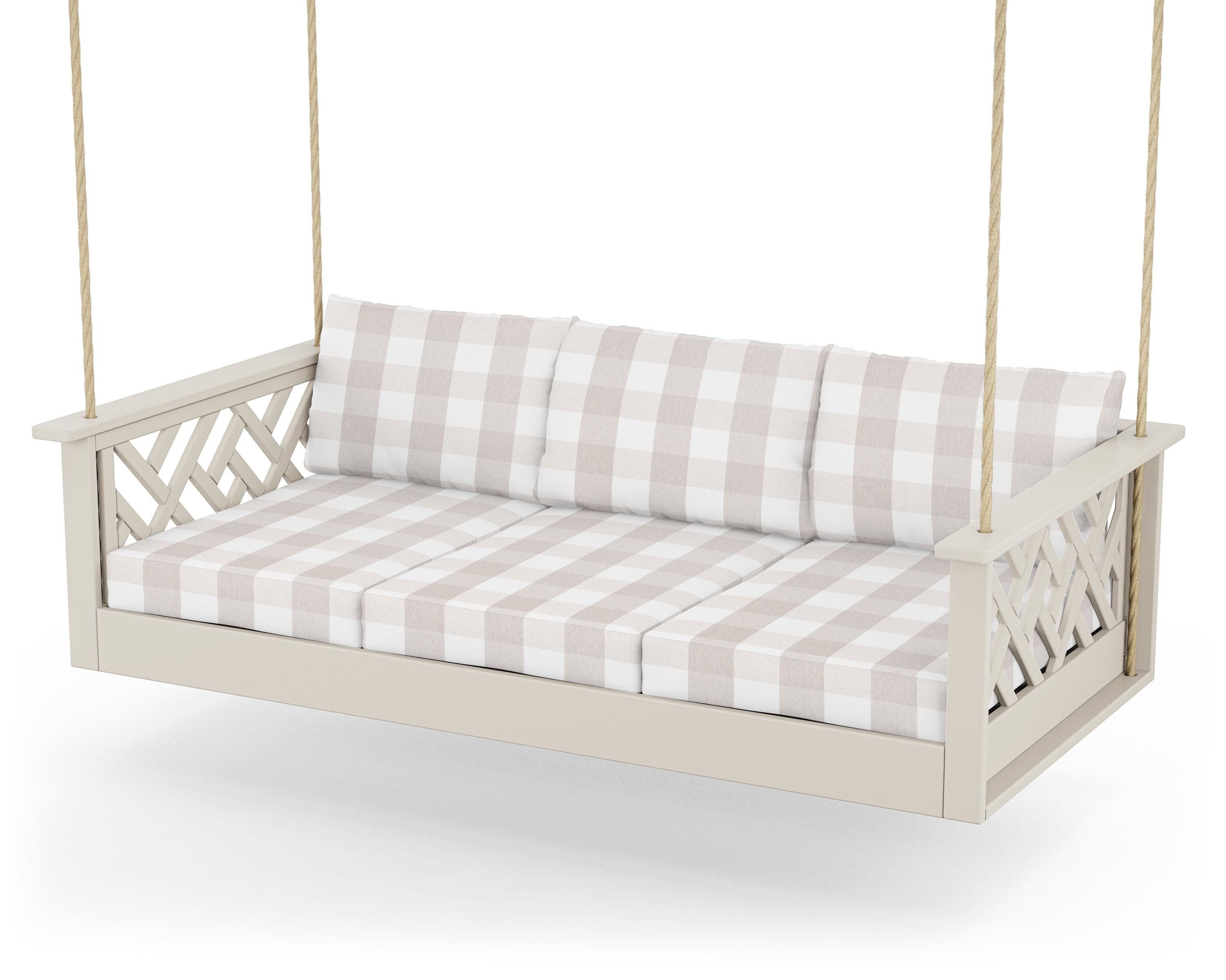 POLYWOOD® Chippendale Daybed Swing in Sand / Buffalo Plaid Dune Burlap
