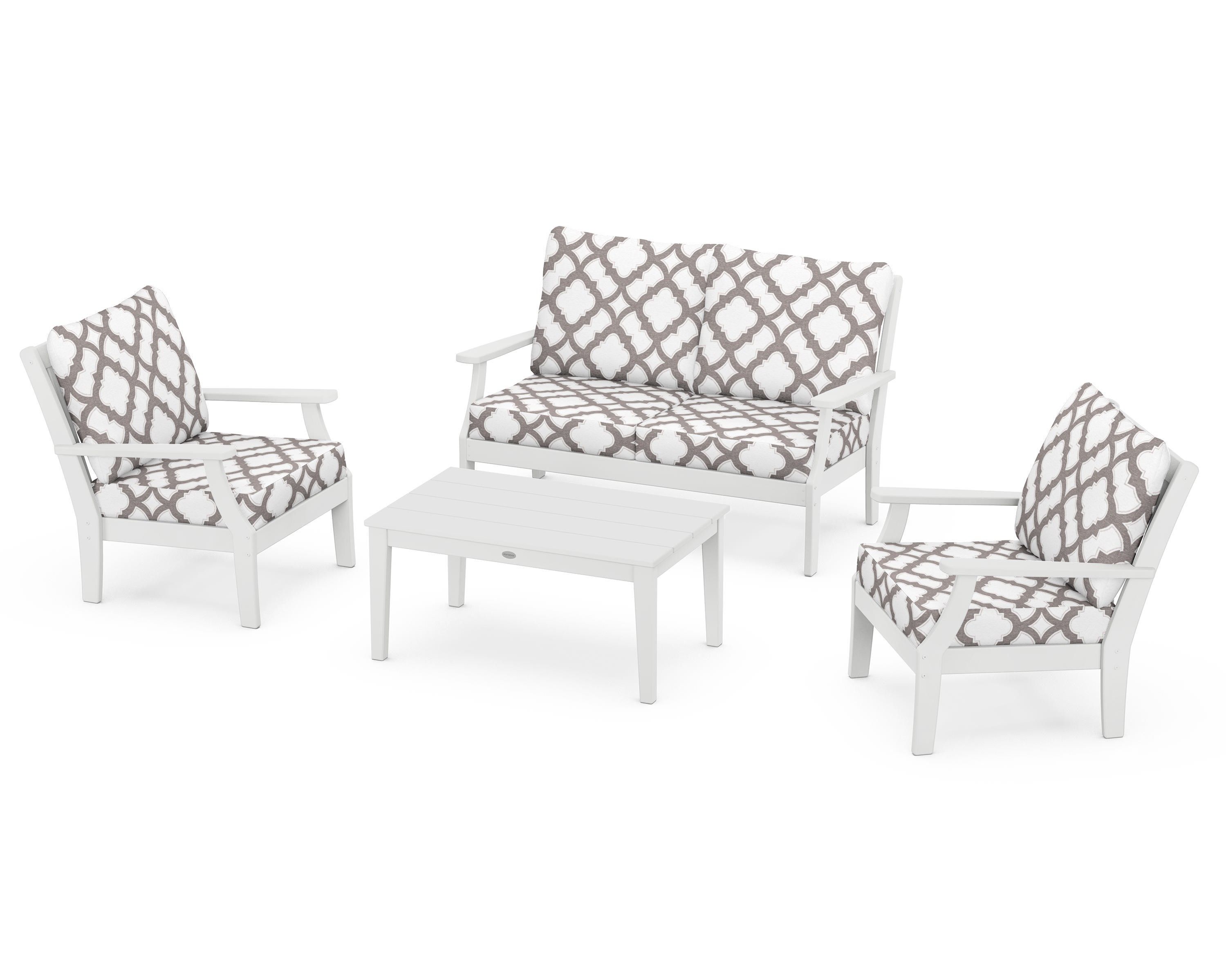 POLYWOOD® Braxton 4-Piece Deep Seating Chair Set in White / Trellis Grey Mist