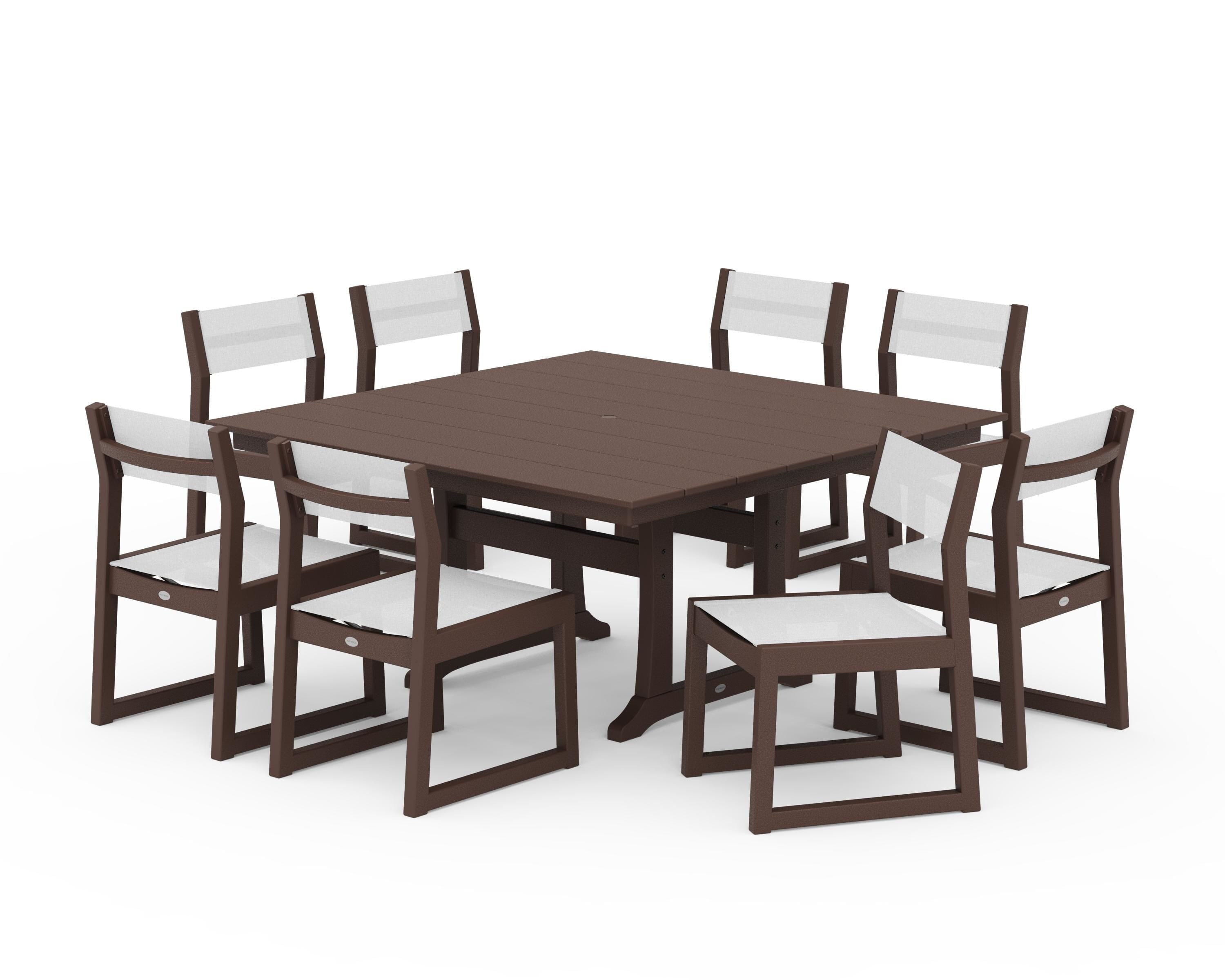 POLYWOOD® EDGE Sling Side Chair 9-Piece Farmhouse Trestle Dining Set in Mahogany / White Sling