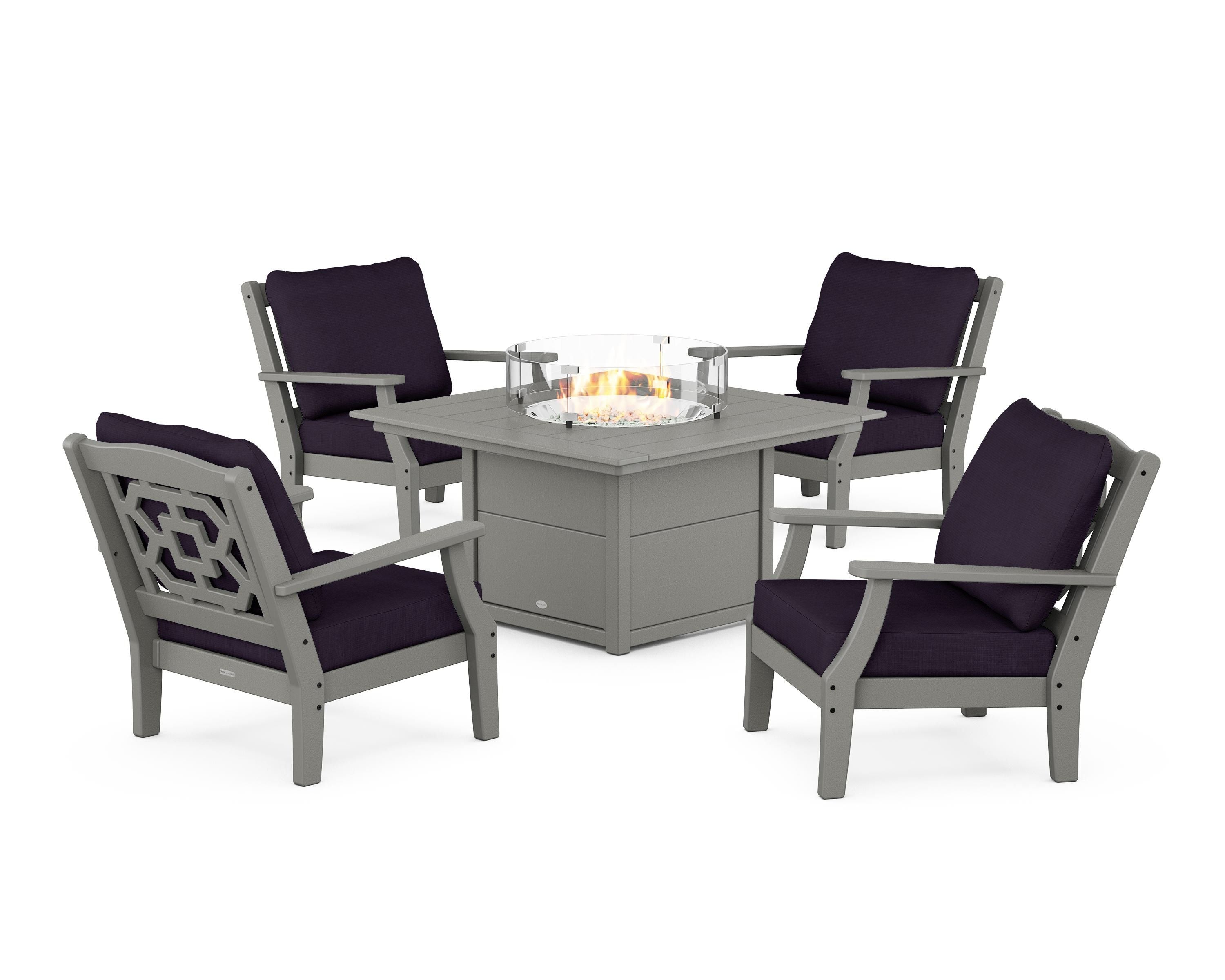 Martha Stewart by POLYWOOD® Chinoiserie 5-Piece Deep Seating Set with Fire Pit Table in Slate Grey / Navy Linen