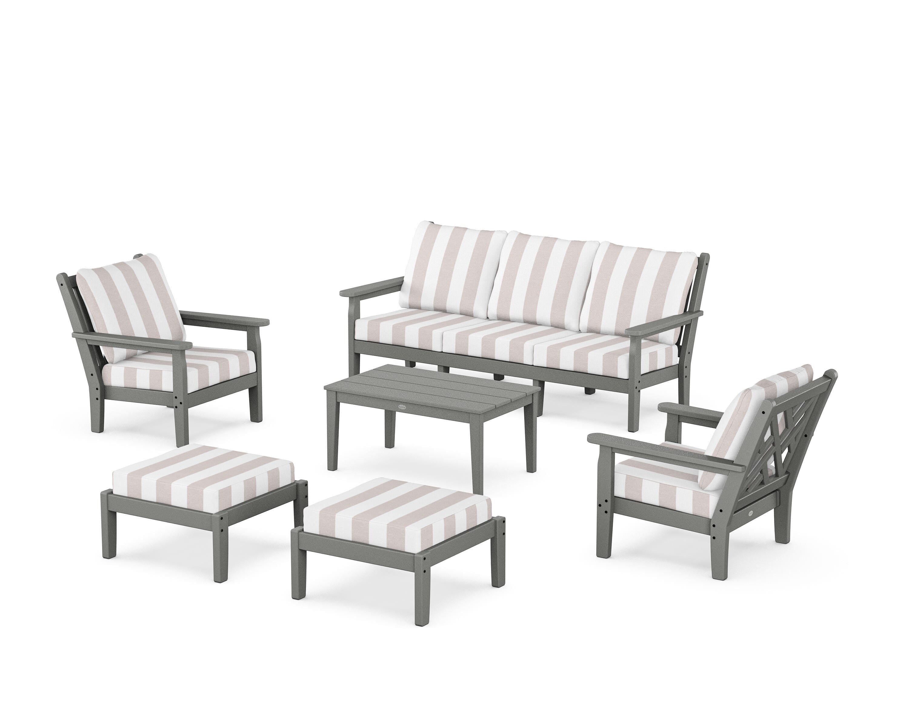 POLYWOOD® Chippendale 6-Piece Lounge Sofa Set in Slate Grey / Cabana Stripe Dune Burlap