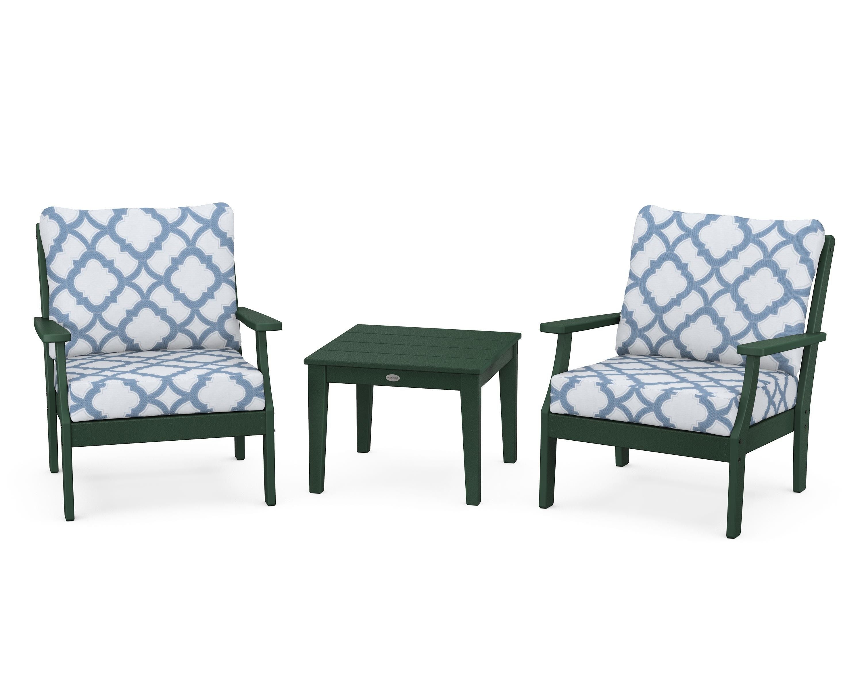 POLYWOOD® Braxton 3-Piece Deep Seating Set in Green / Trellis Sky Blue