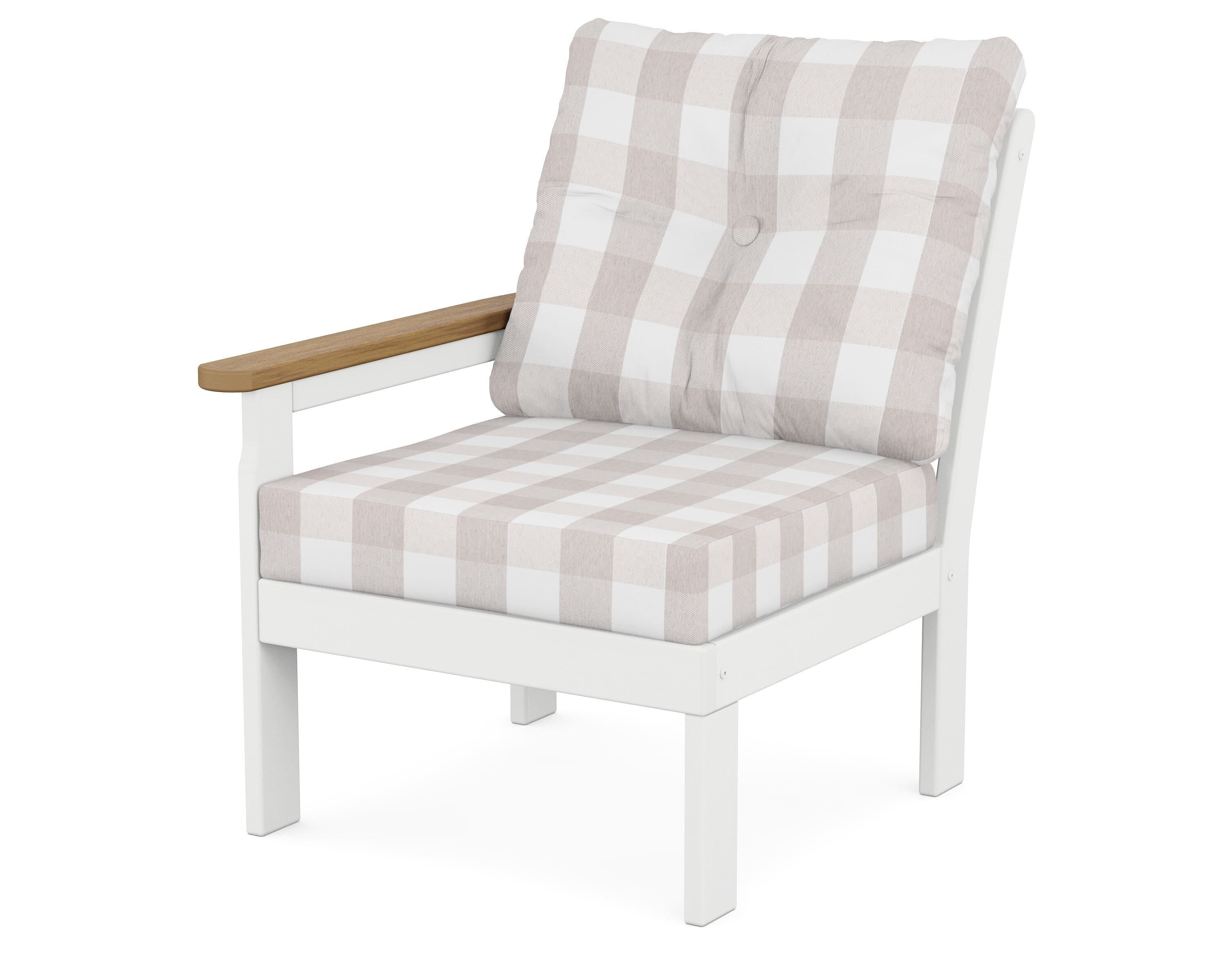 POLYWOOD® Vineyard Modular Left Arm Chair in White / Natural / Buffalo Plaid Dune Burlap