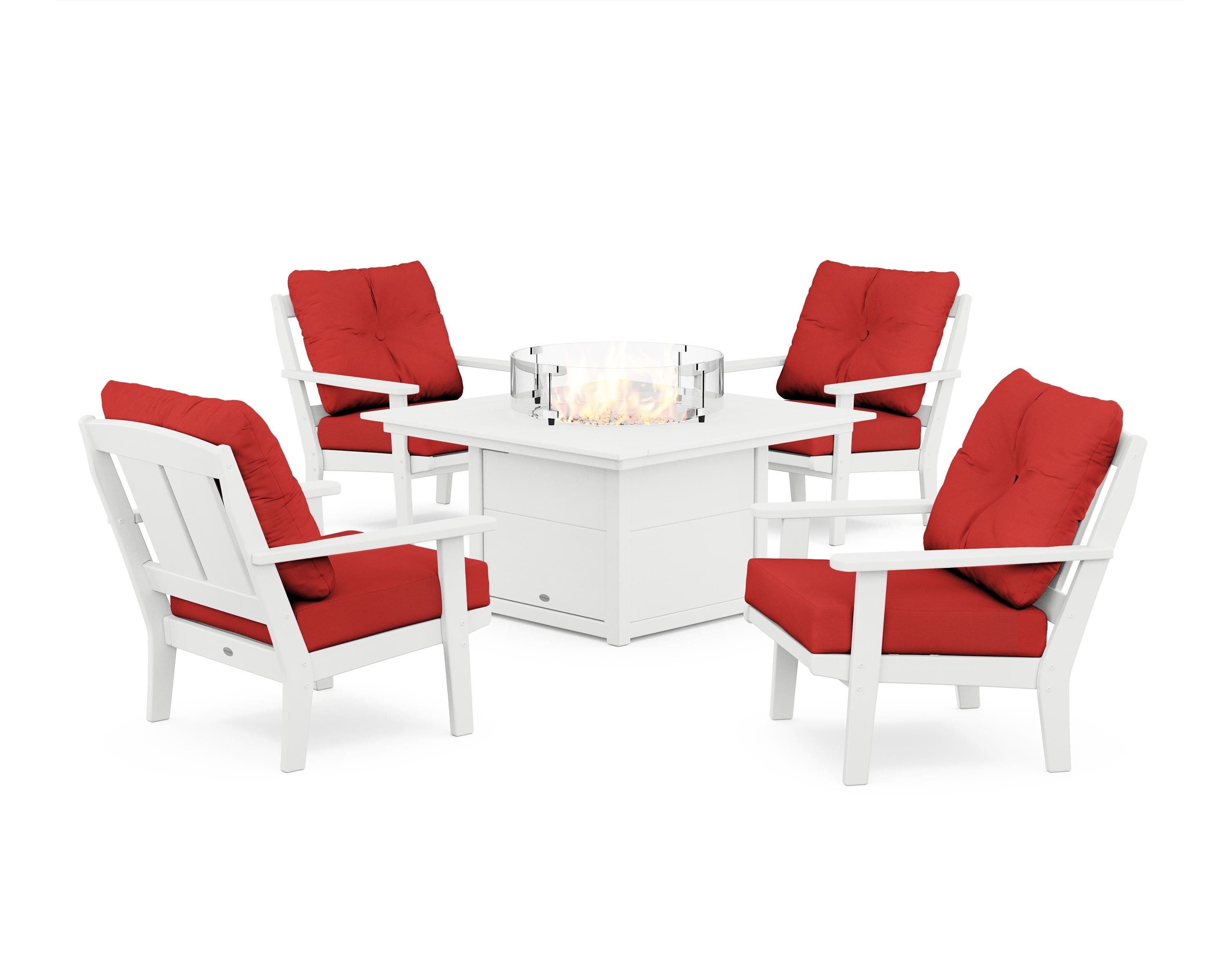 POLYWOOD® Mission 5-Piece Deep Seating Set with Fire Pit Table in White / Crimson Linen