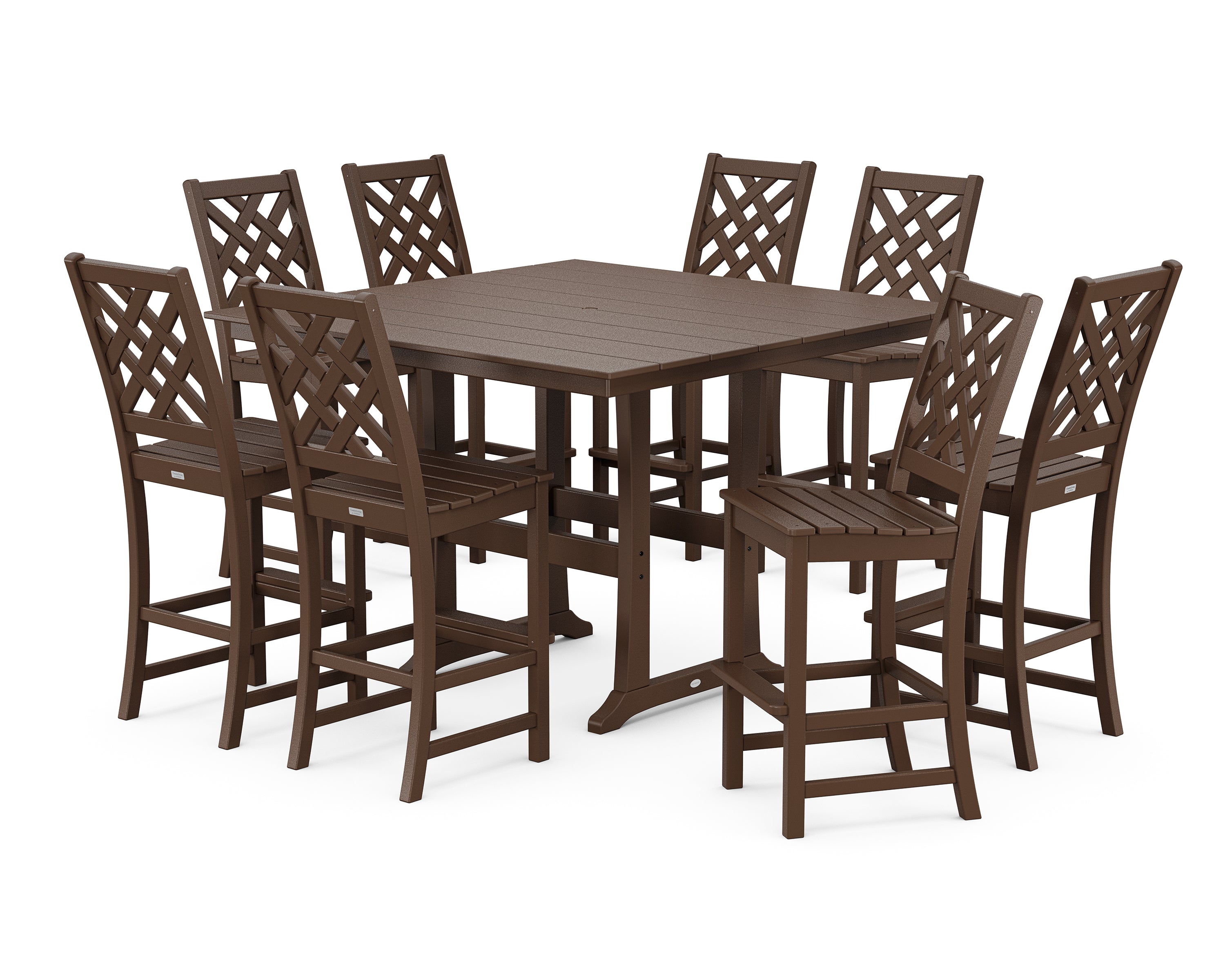 Country Living Wovendale Side Chair 9-Piece Square Farmhouse Bar Set with Trestle Legs in Mahogany