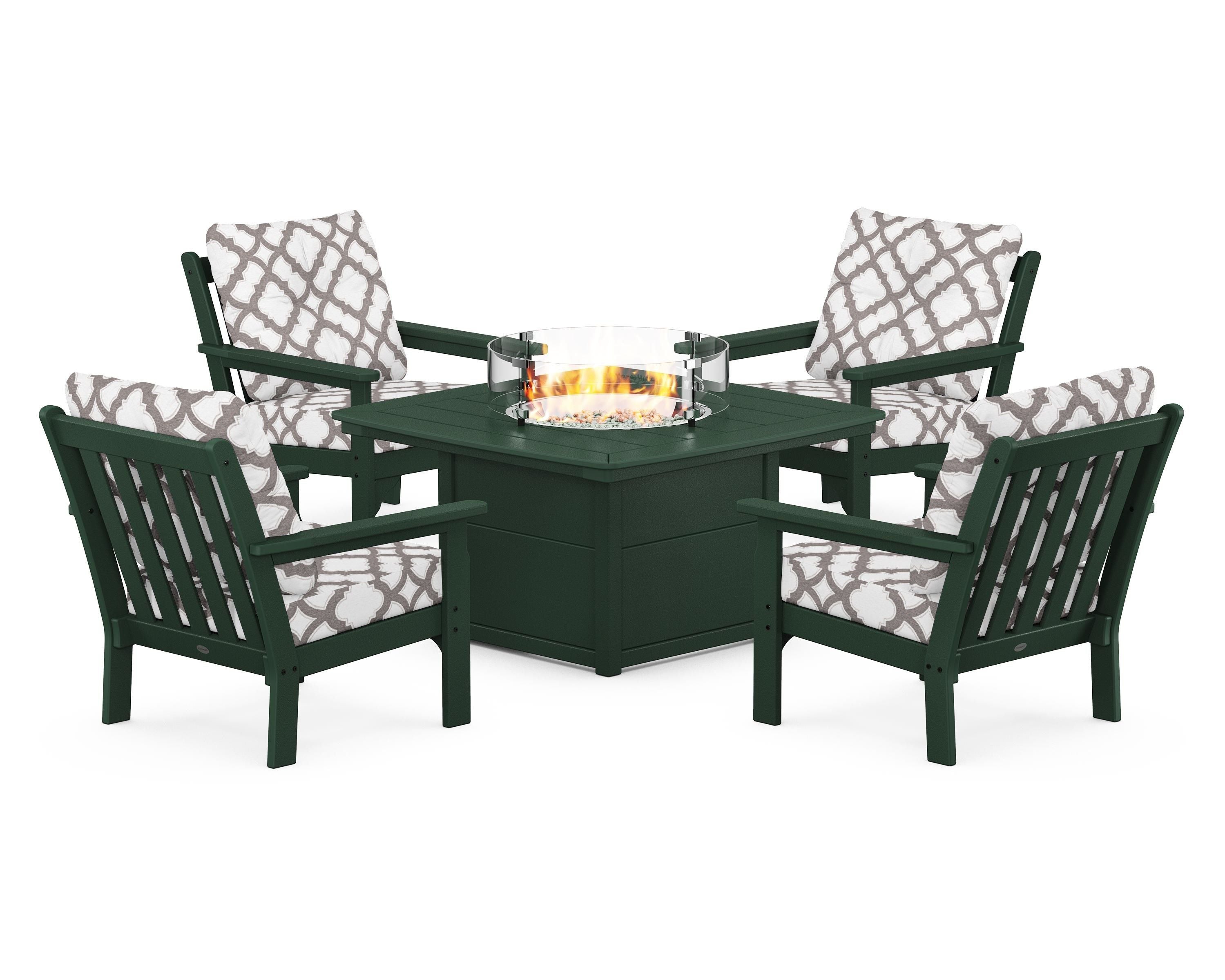 POLYWOOD® Vineyard 5-Piece Conversation Set with Fire Pit Table in Green / Trellis Grey Mist