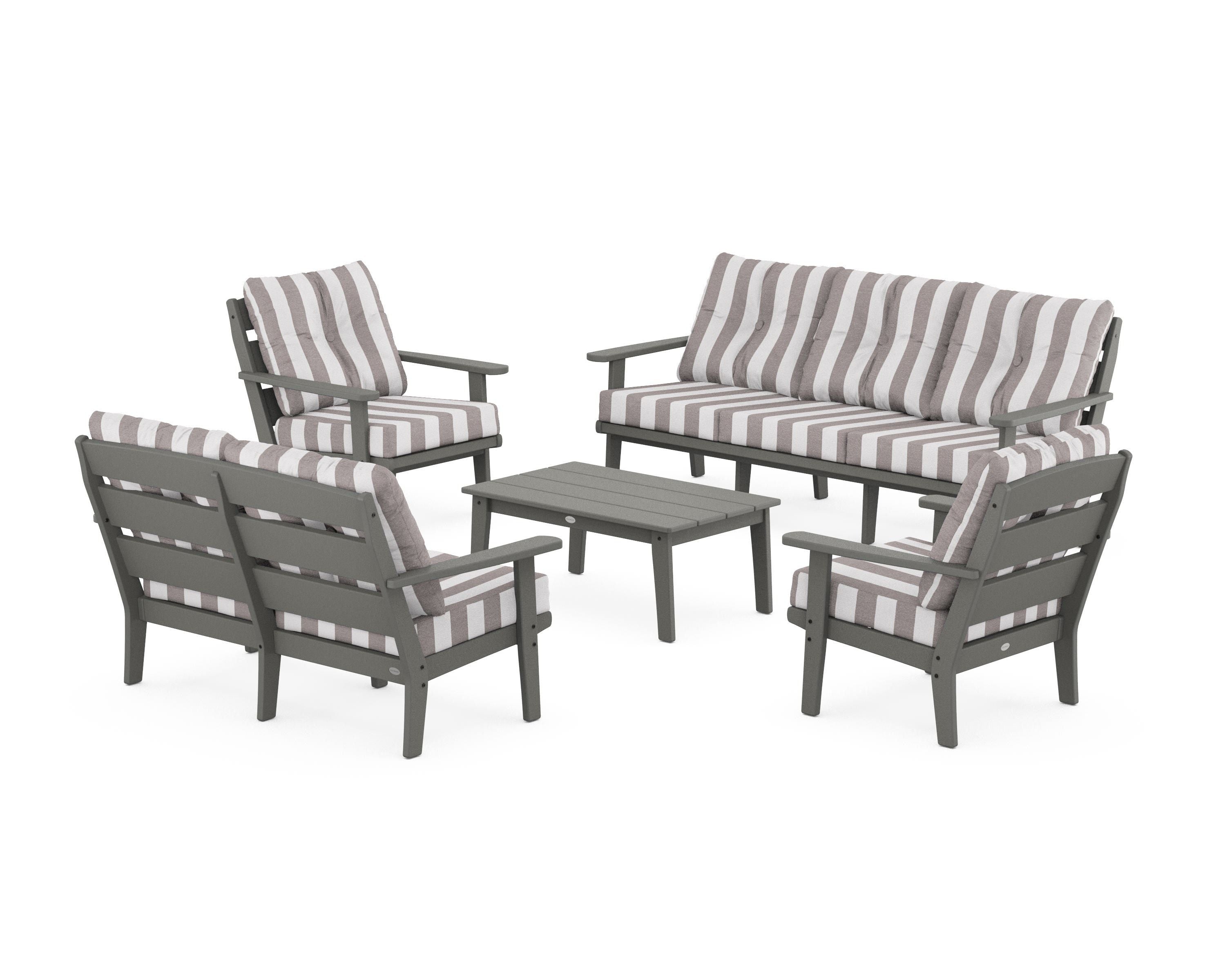 POLYWOOD® Lakeside 5-Piece Lounge Sofa Set in Slate Grey / Cabana Stripe Grey Mist