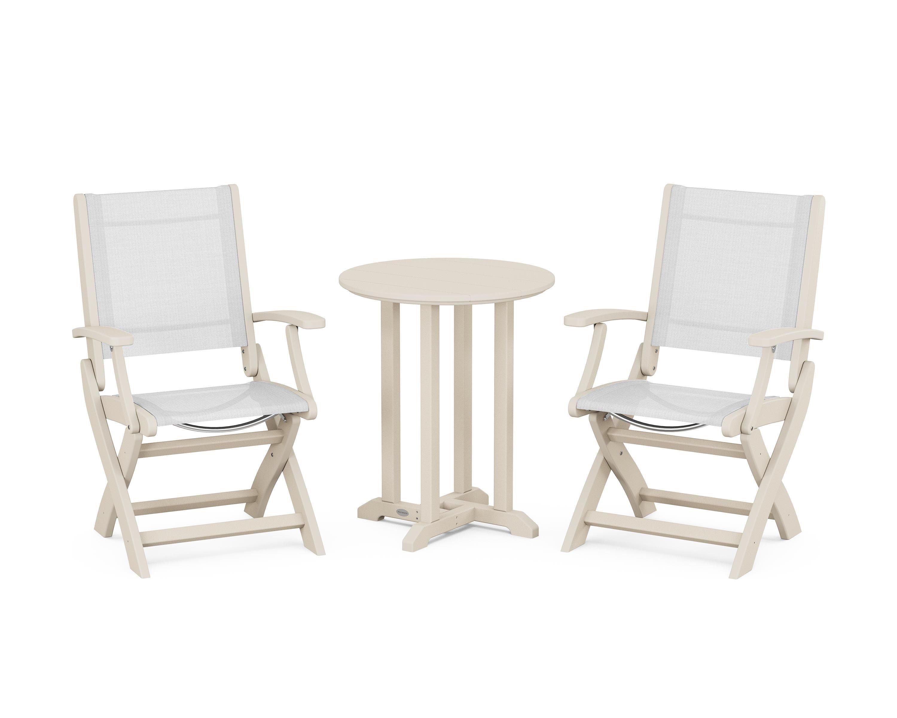 POLYWOOD® Coastal Folding 3-Piece Round Bistro Dining Set in Sand / White Sling