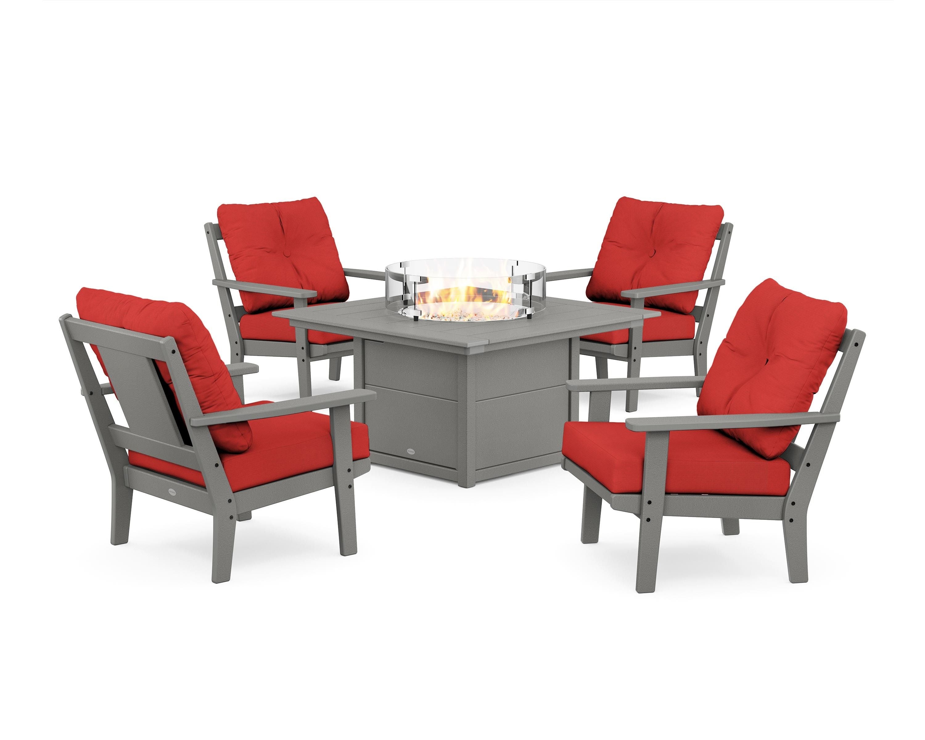 POLYWOOD® Prairie 5-Piece Deep Seating Set with Fire Pit Table in Slate Grey / Crimson Linen