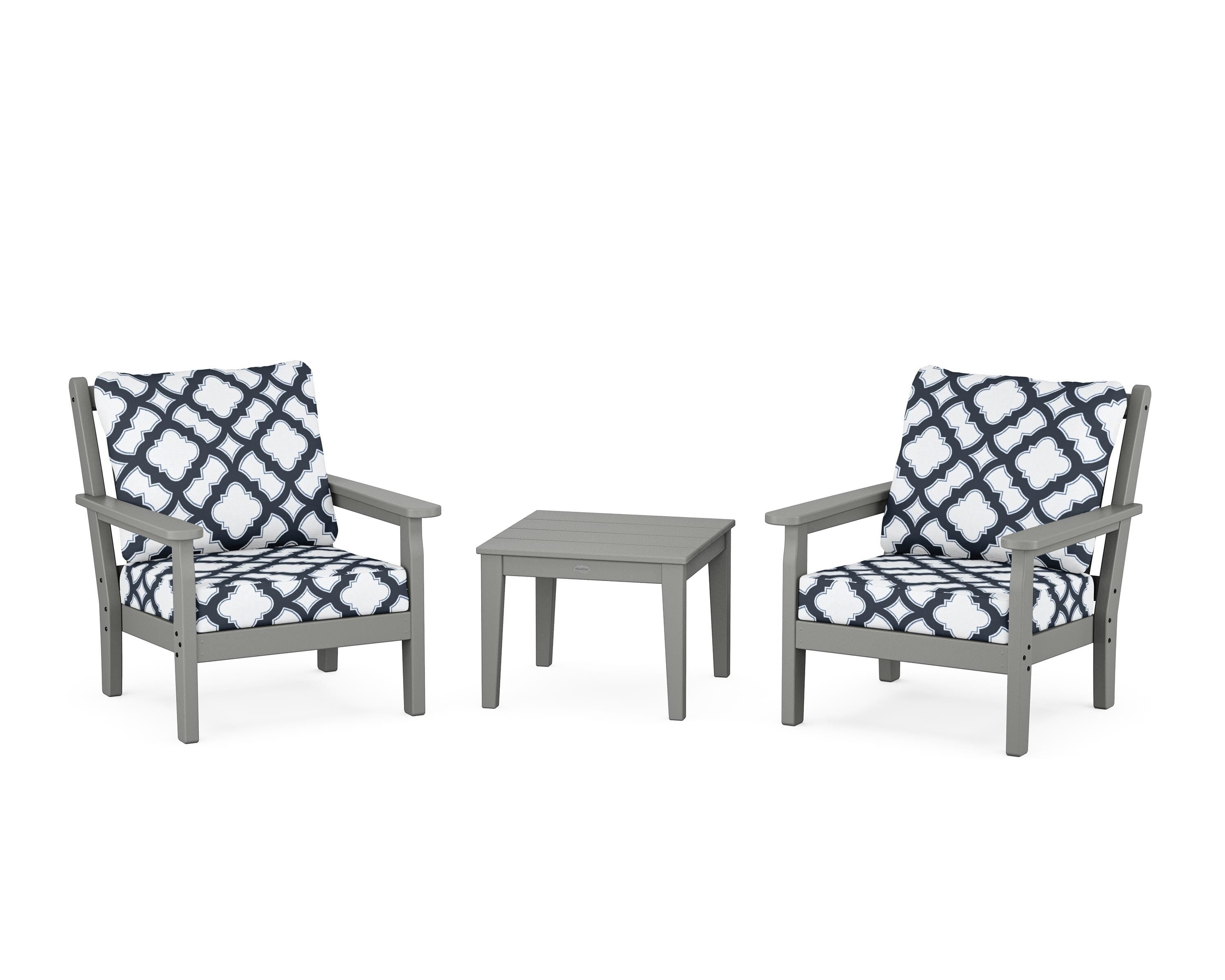POLYWOOD® Chippendale 3-Piece Deep Seating Set in Slate Grey / Trellis Marine Indigo