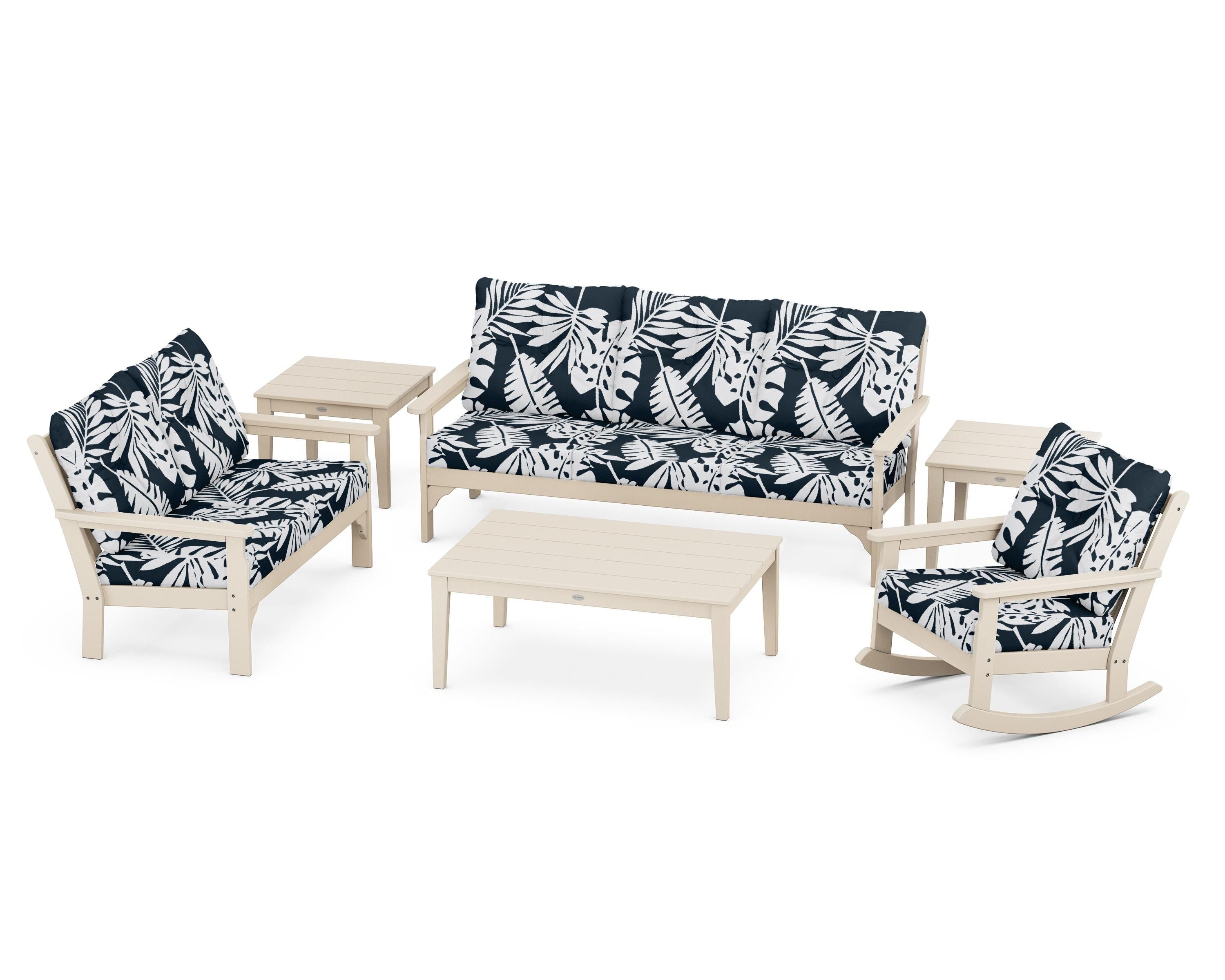 POLYWOOD® Vineyard 6-Piece Deep Seating Set in Sand / Leaf Marine Indigo