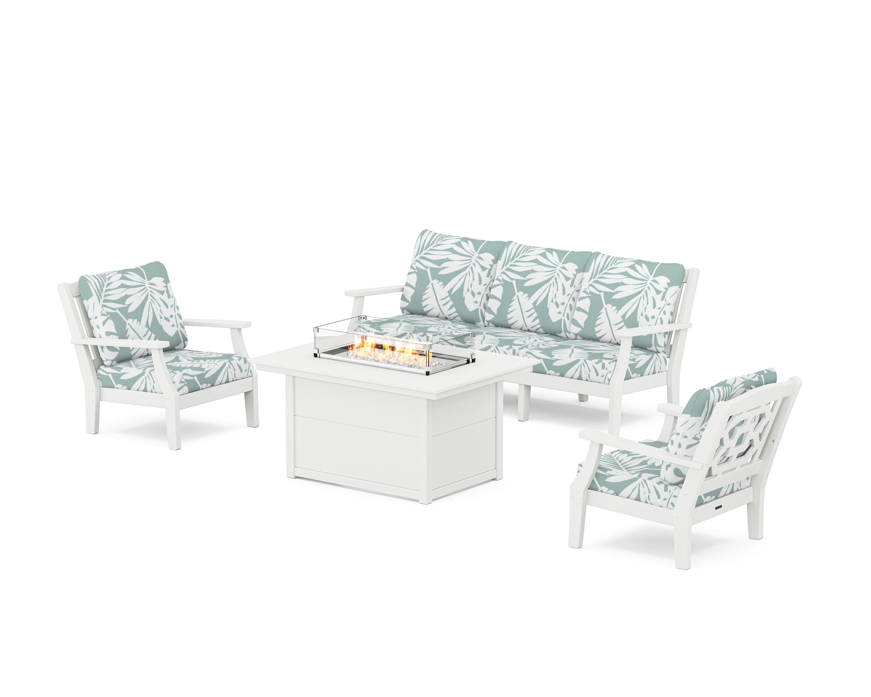 Martha Stewart by POLYWOOD® Chinoiserie Deep Seating Fire Pit Table Set in White / Leaf Glacier Spa