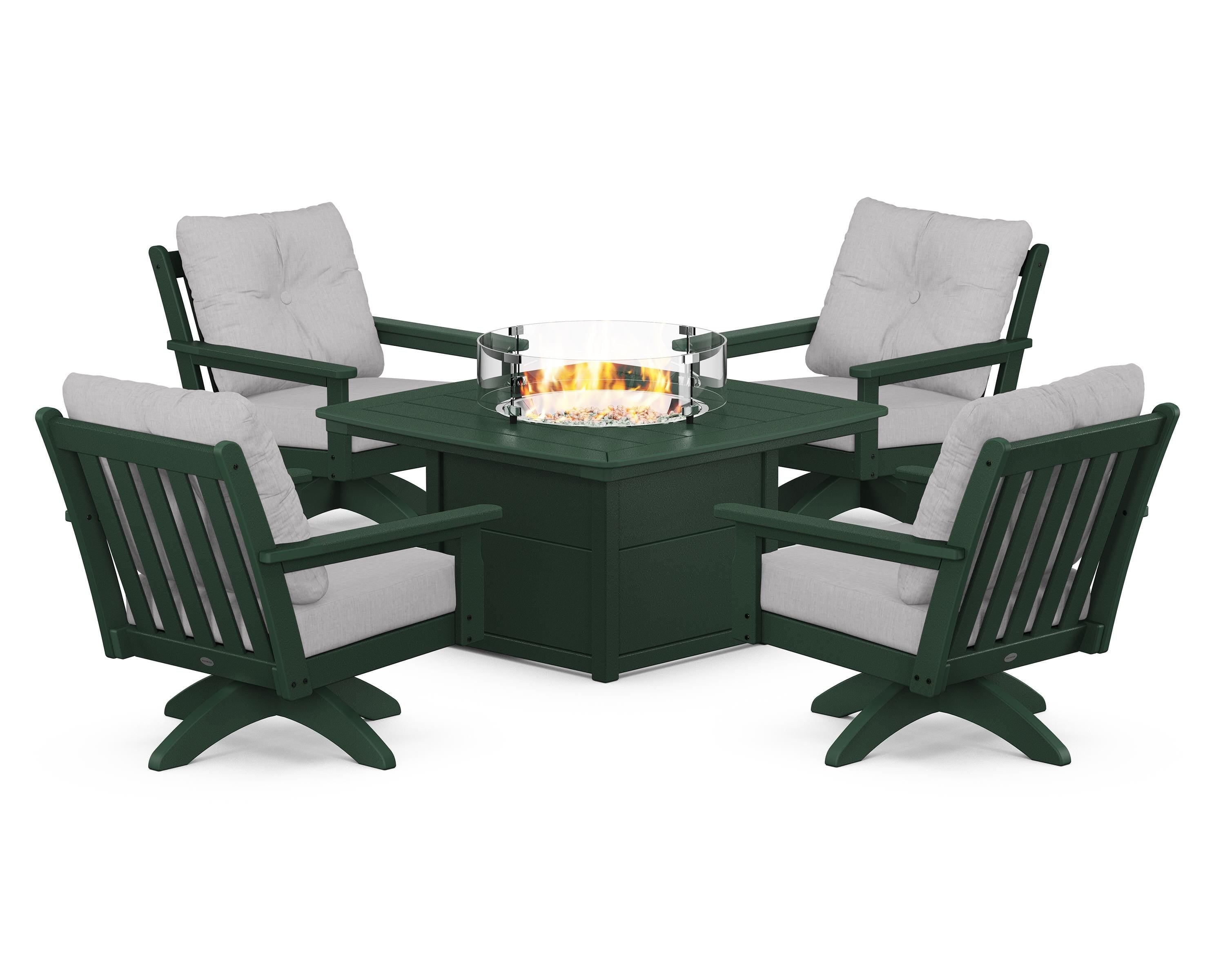 POLYWOOD® Vineyard 5-Piece Deep Seating Swivel Conversation Set with Fire Pit Table in Green / Granite