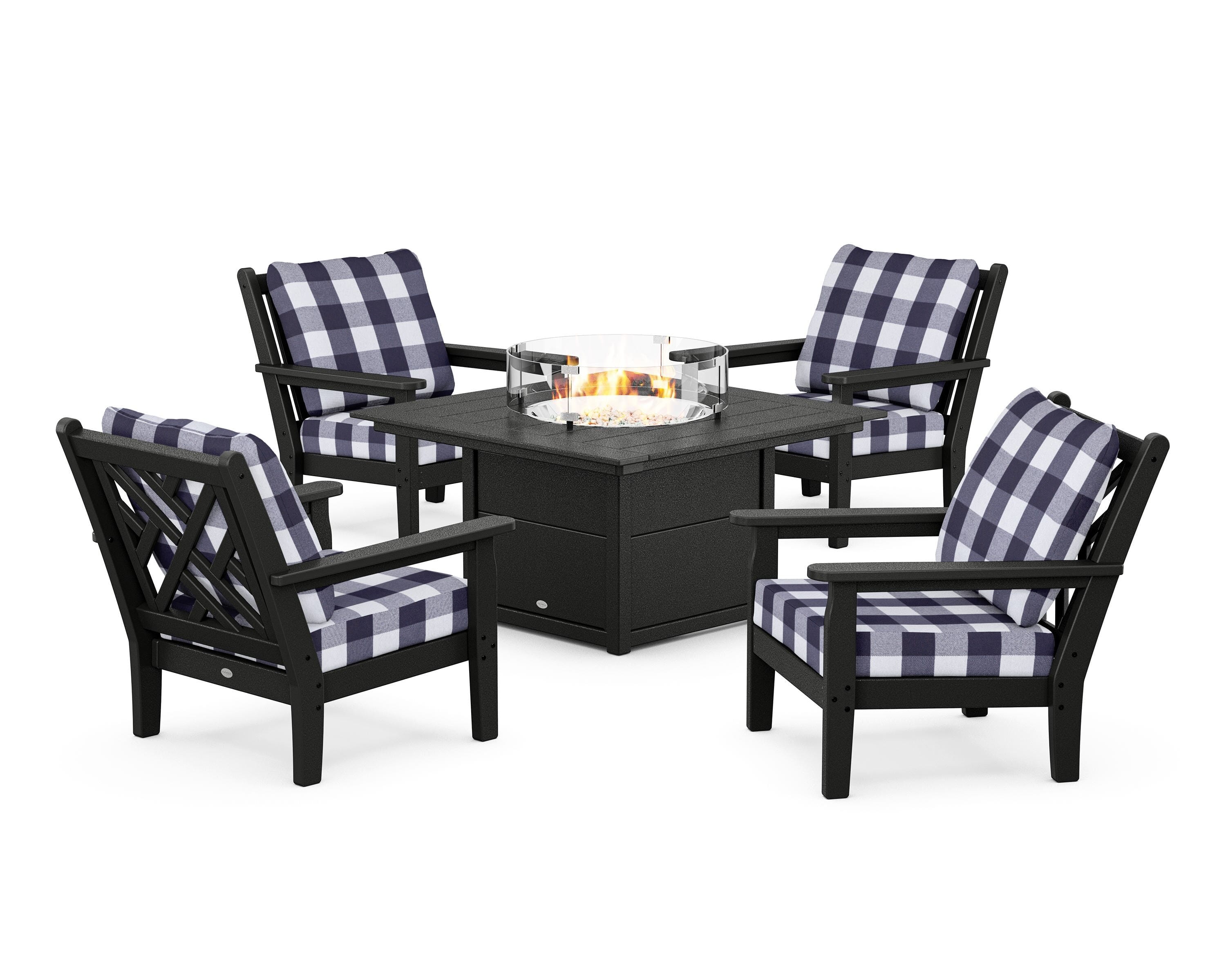 POLYWOOD® Chippendale 5-Piece Deep Seating Set with Fire Pit Table in Black / Buffalo Plaid Navy