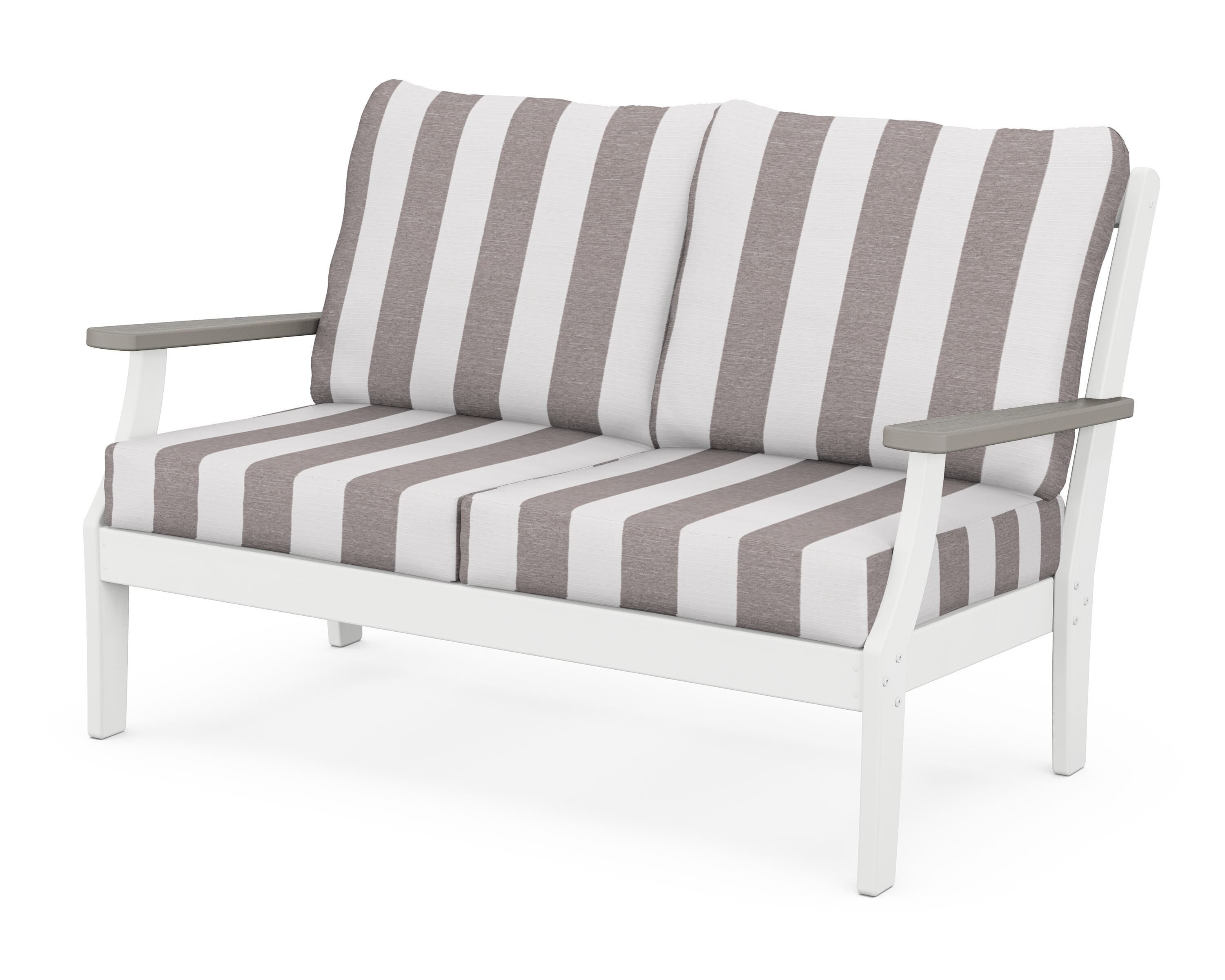 POLYWOOD® Braxton Deep Seating Loveseat in White / Driftwood / Cabana Stripe Grey Mist