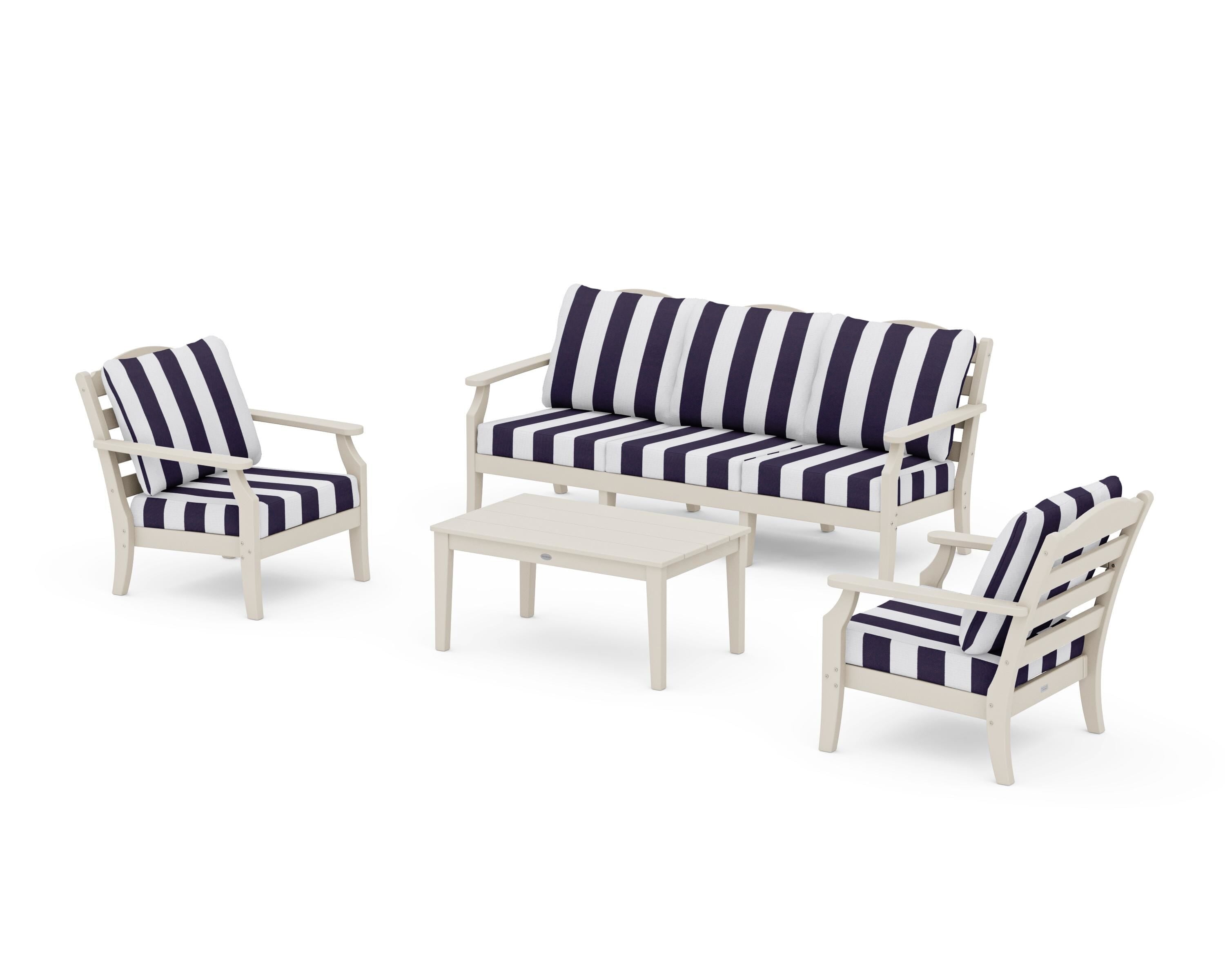 Draper James™ by POLYWOOD® Savannah 4-Piece Deep Seating Set with Sofa in Sand / Cabana Stripe Navy