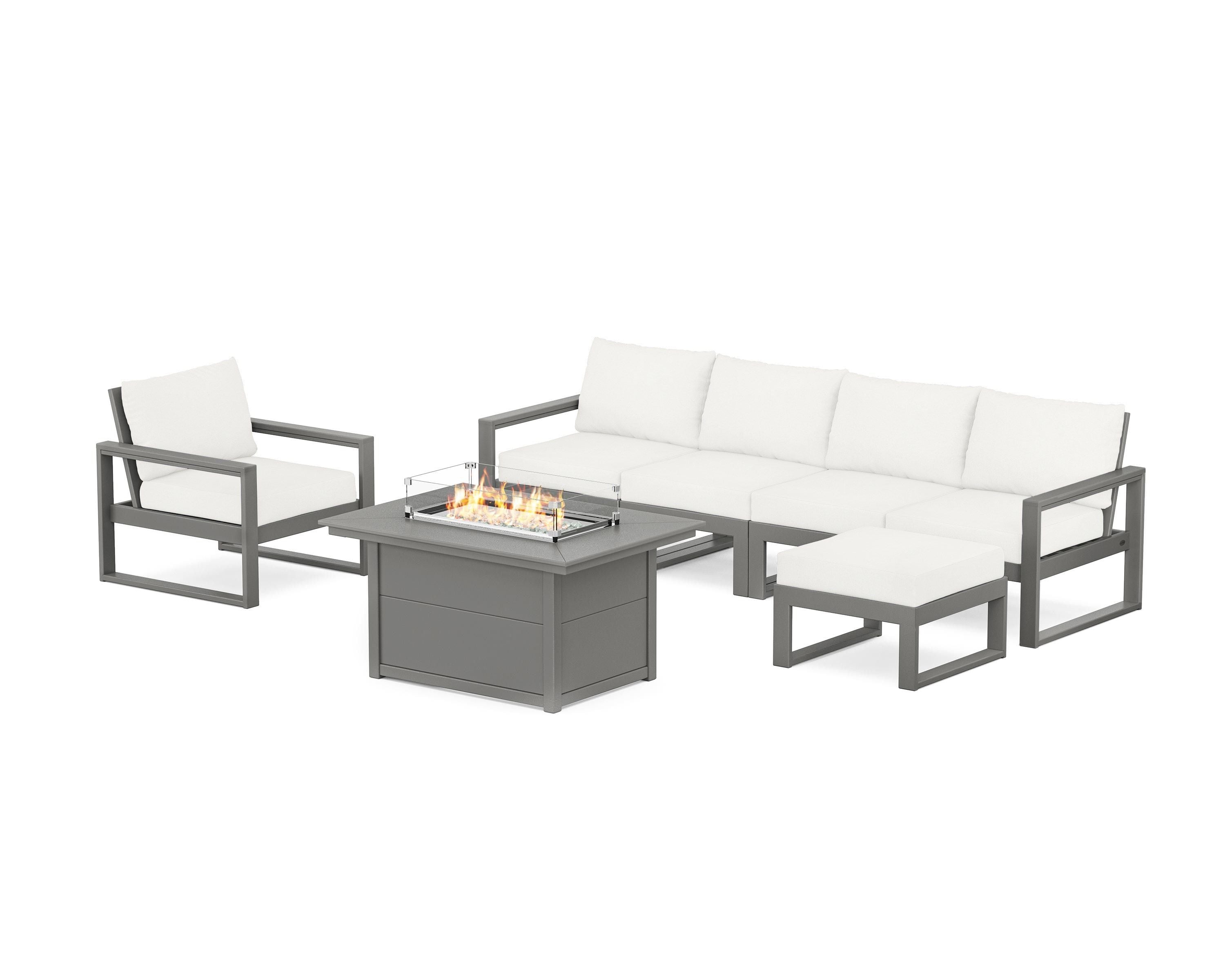 POLYWOOD® EDGE Sectional Lounge and Fire Pit Set in Slate Grey / Natural Linen