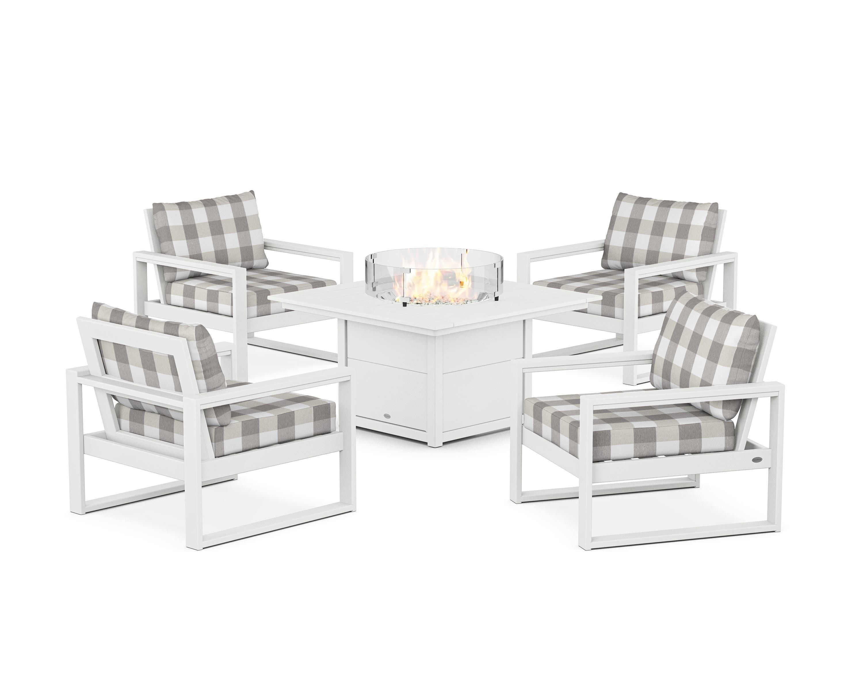 POLYWOOD® EDGE Sectional 5-Piece Deep Seating Set with Fire Pit Table in White / Buffalo Plaid Grey Mist