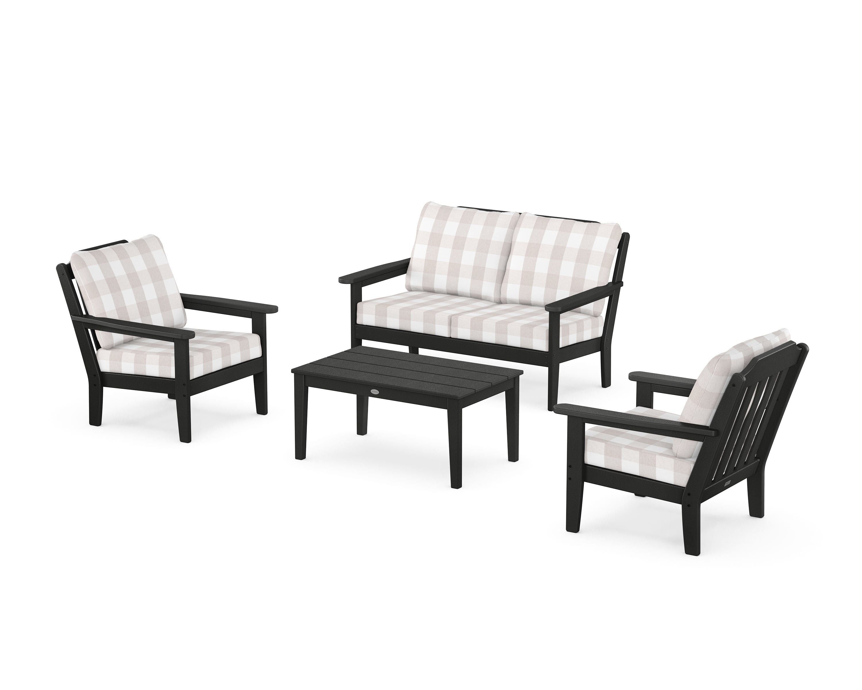 Country Living Cottage 4-Piece Deep Seating Set with Loveseat in Black / Buffalo Plaid Dune Burlap