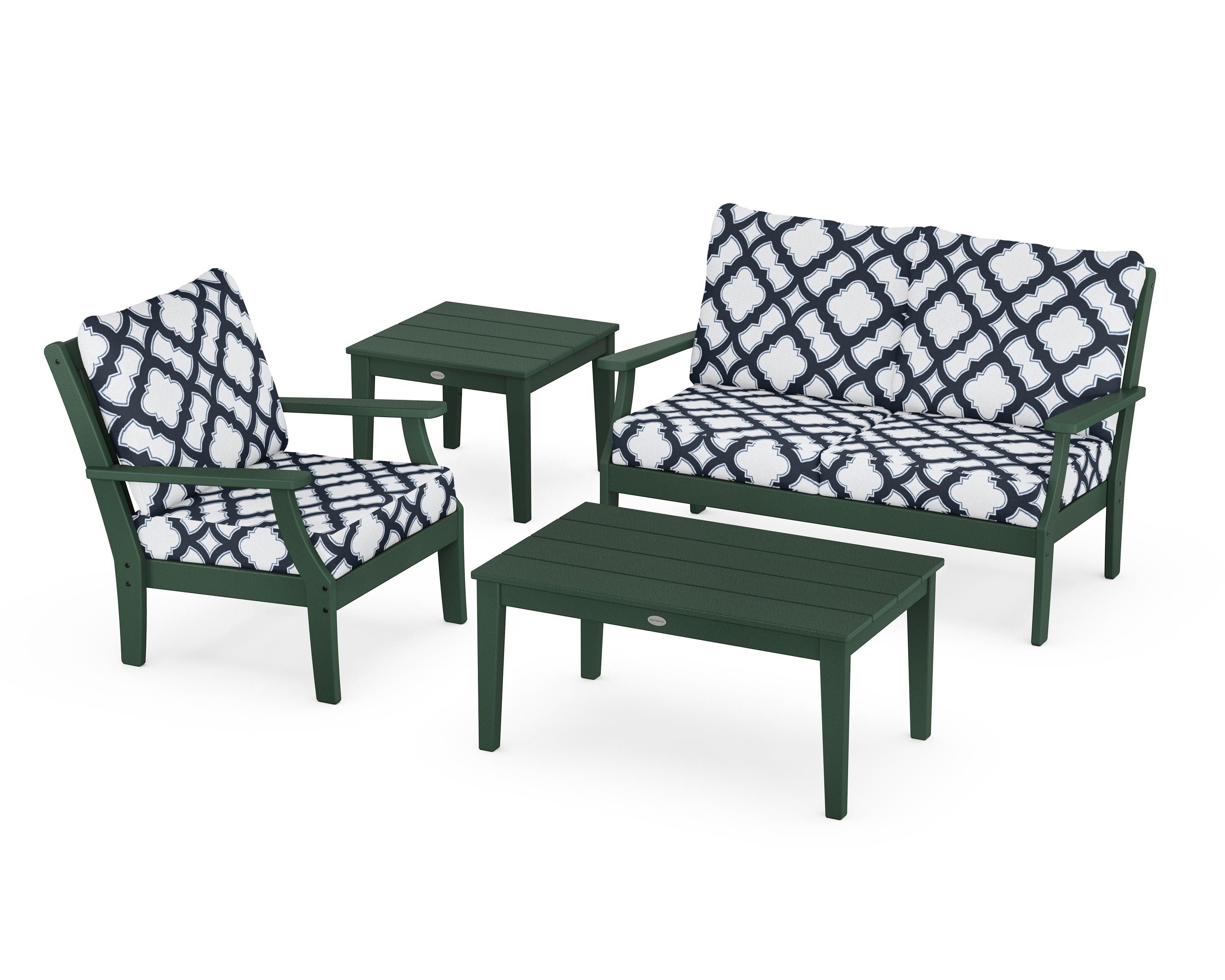 POLYWOOD® Braxton 4-Piece Deep Seating Set in Green / Trellis Marine Indigo