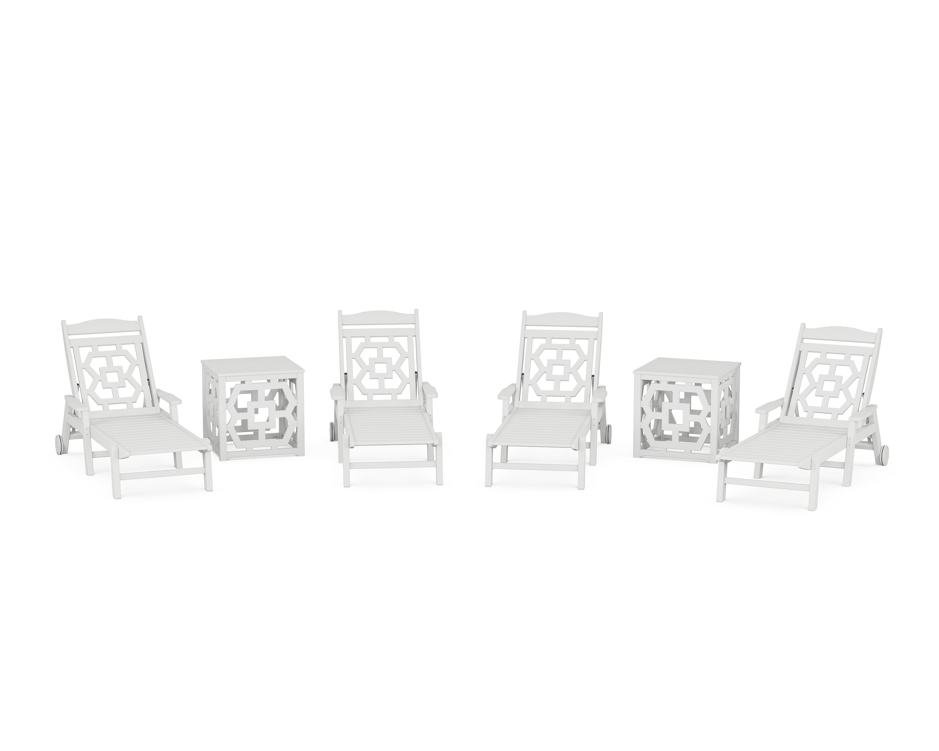 Martha Stewart by POLYWOOD® Chinoiserie 6-Piece Chaise Set with Umbrella Stand Accent Table in White