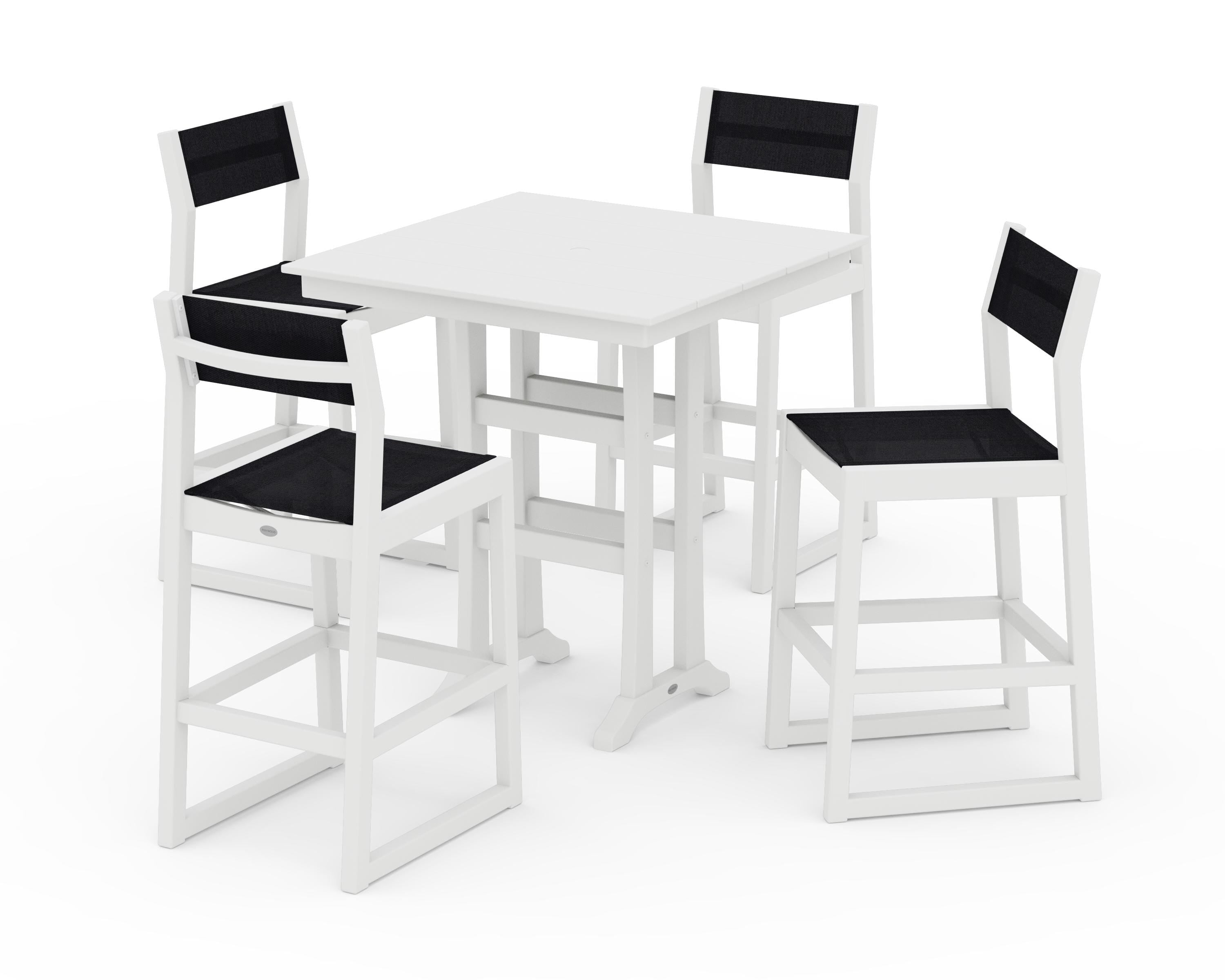 POLYWOOD® EDGE Sling Arm Chair 5-Piece Farmhouse Bar Set with Trestle Legs in White / Black Sling