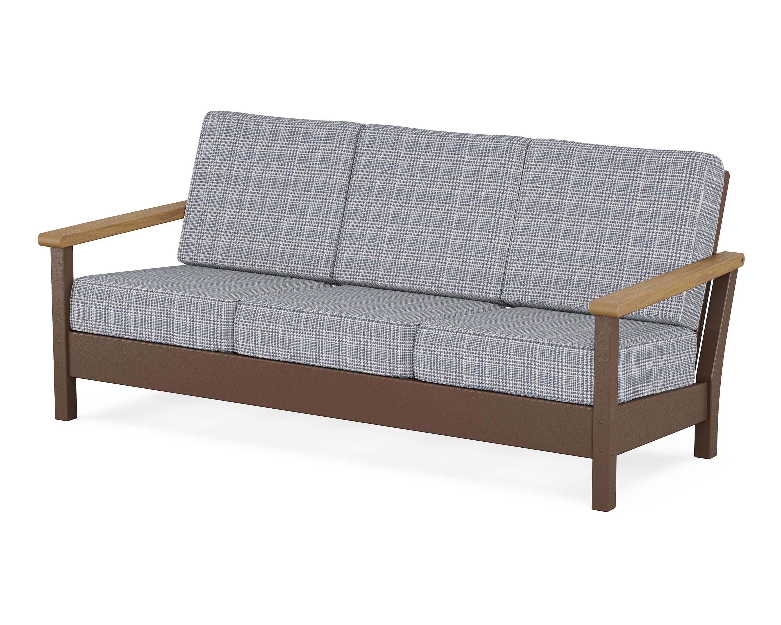 POLYWOOD® Harbour Deep Seating Sofa in Mahogany / Natural / Houndstooth Sky Blue