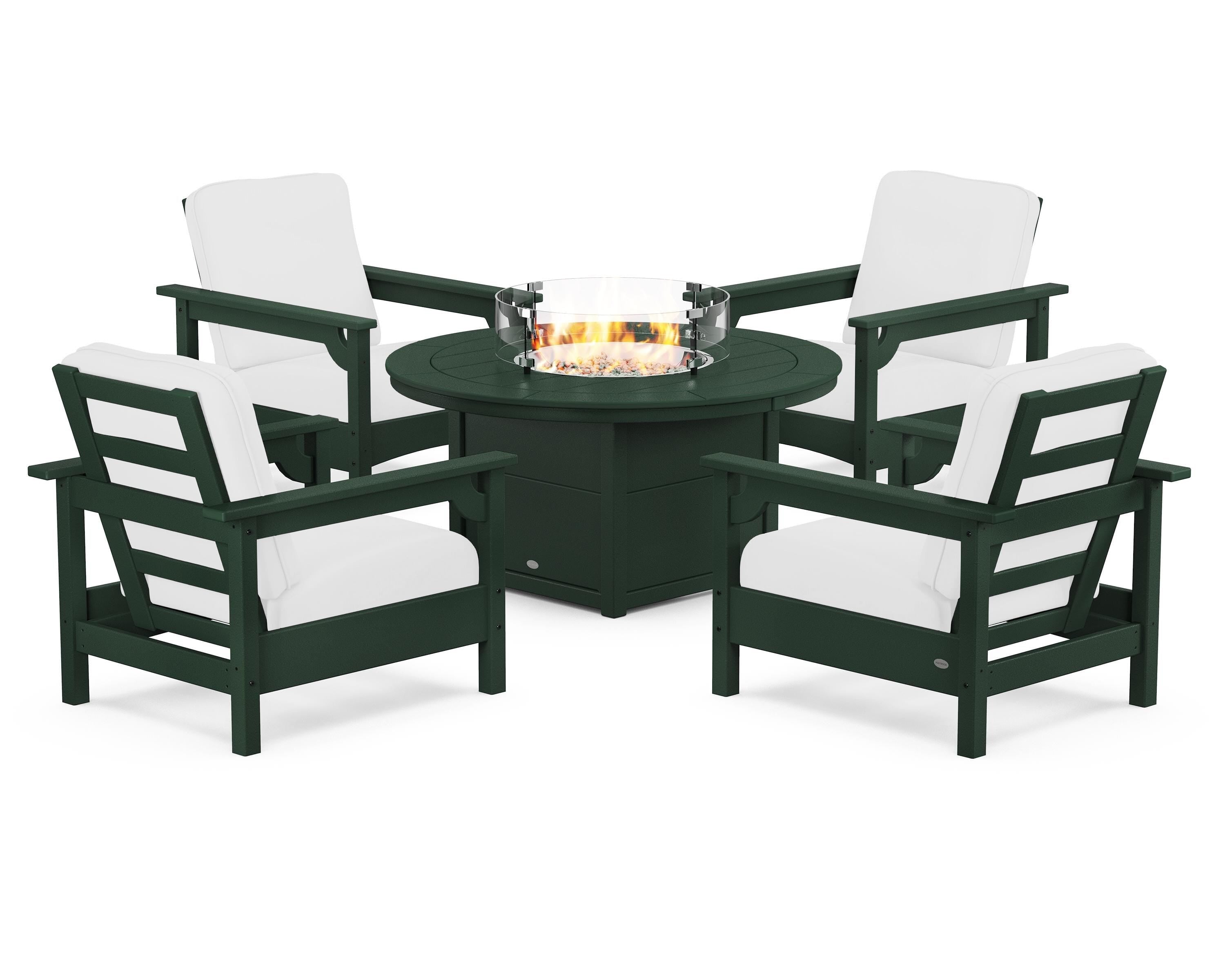 POLYWOOD® Club 5-Piece Conversation Set with Fire Pit Table in Green / Natural