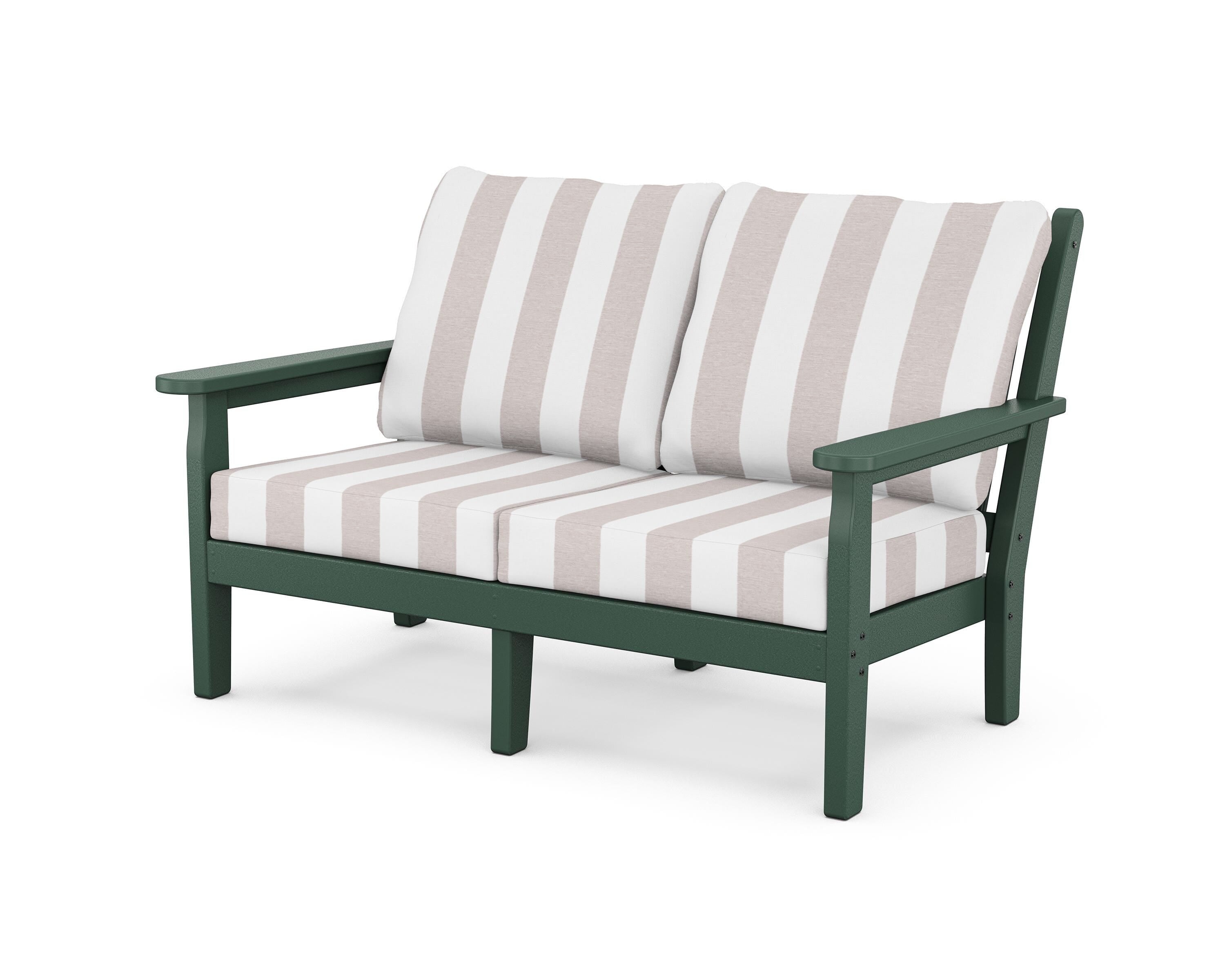 POLYWOOD® Chippendale Deep Seating Loveseat in Green / Cabana Stripe Dune Burlap