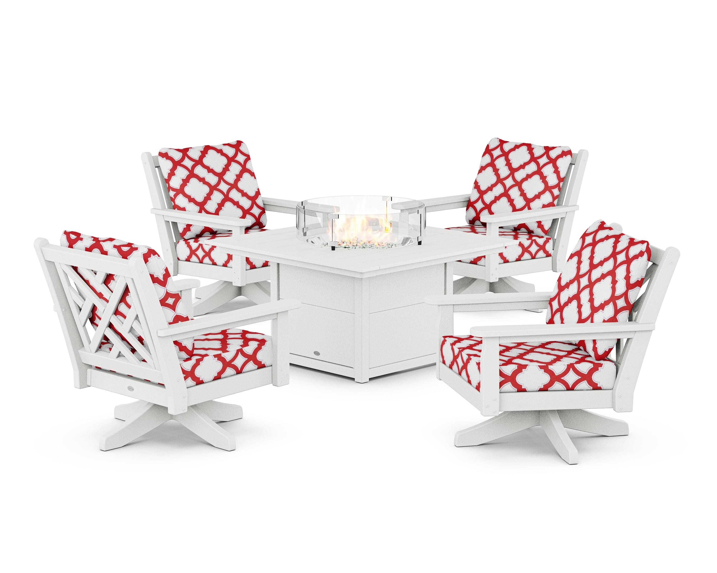 POLYWOOD® Chippendale 5-Piece Deep Seating Swivel Conversation Set with Fire Pit Table in White / Trellis Crimson