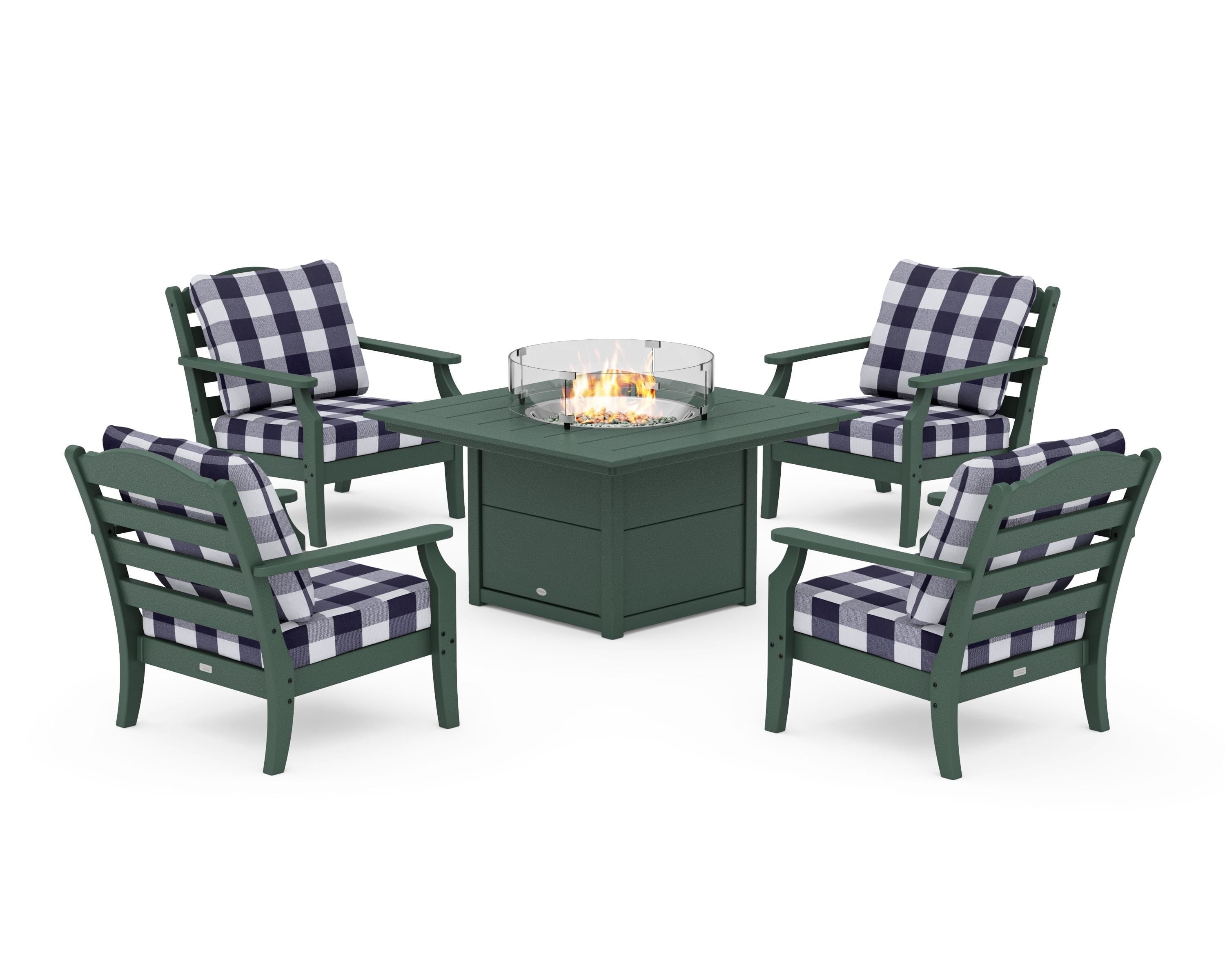 Draper James™ by POLYWOOD® Savannah 5-Piece Deep Seating Set with Fire Pit Table in Green / Buffalo Plaid Navy